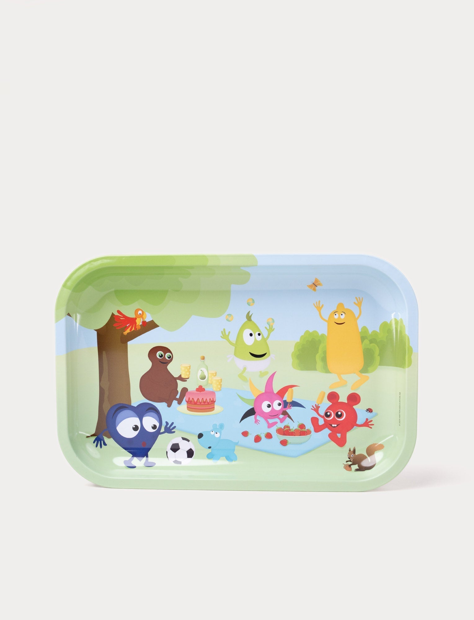  Image of A colorful children's tray featuring Babblarna characters having a picnic in a sunny outdoor setting.