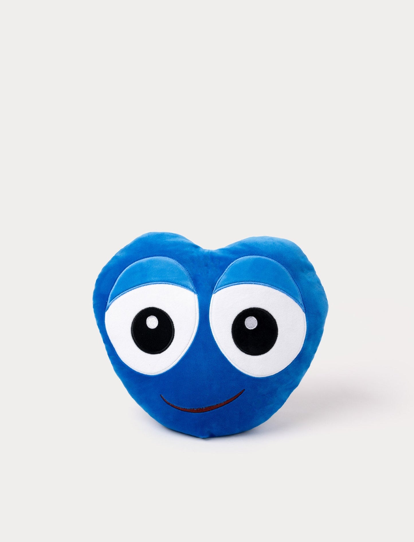 Blue heart-shaped plush toy with large round eyes and a friendly embroidered smile.