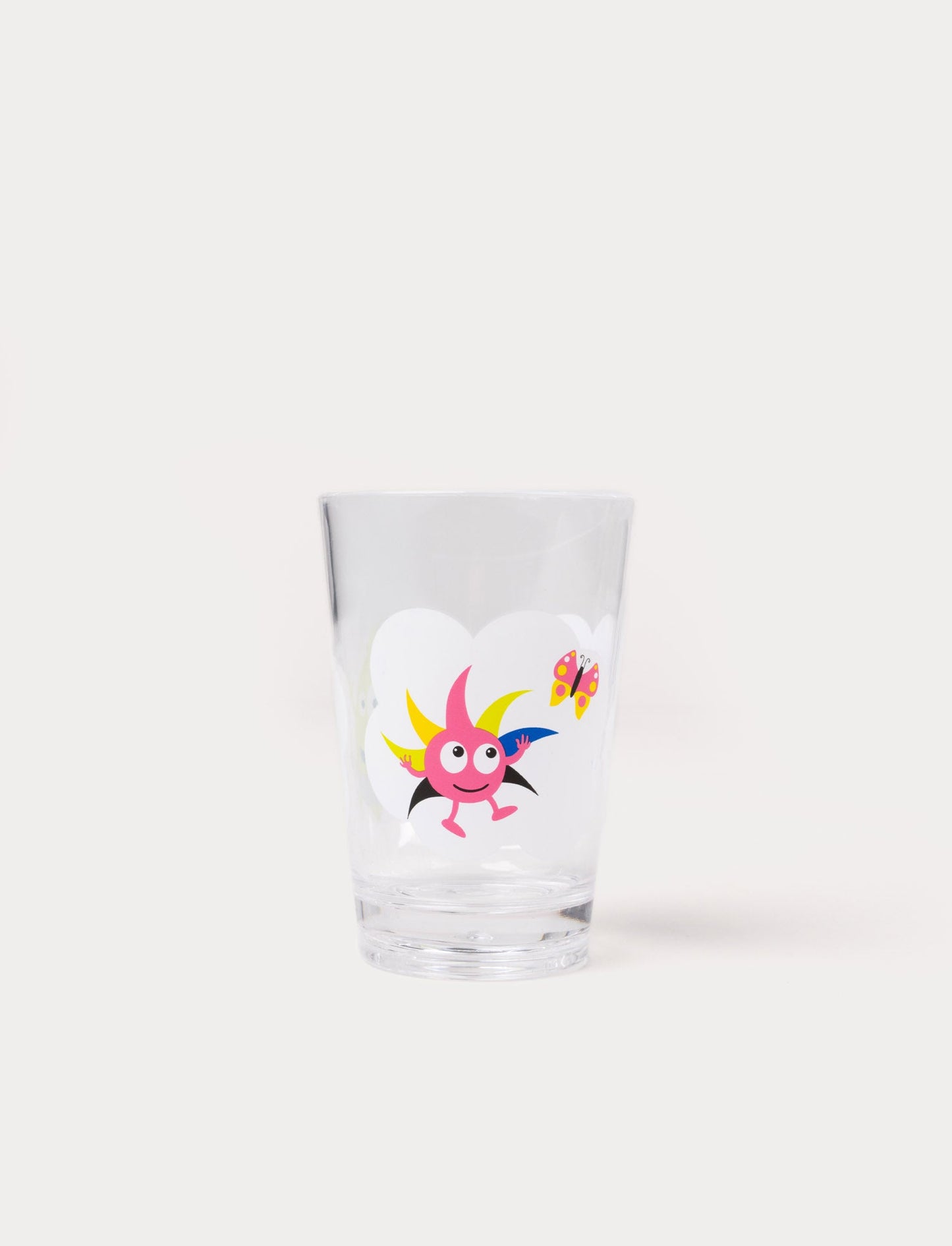 Clear drinking glass with colorful Babblarna characters playing on a cloud background.