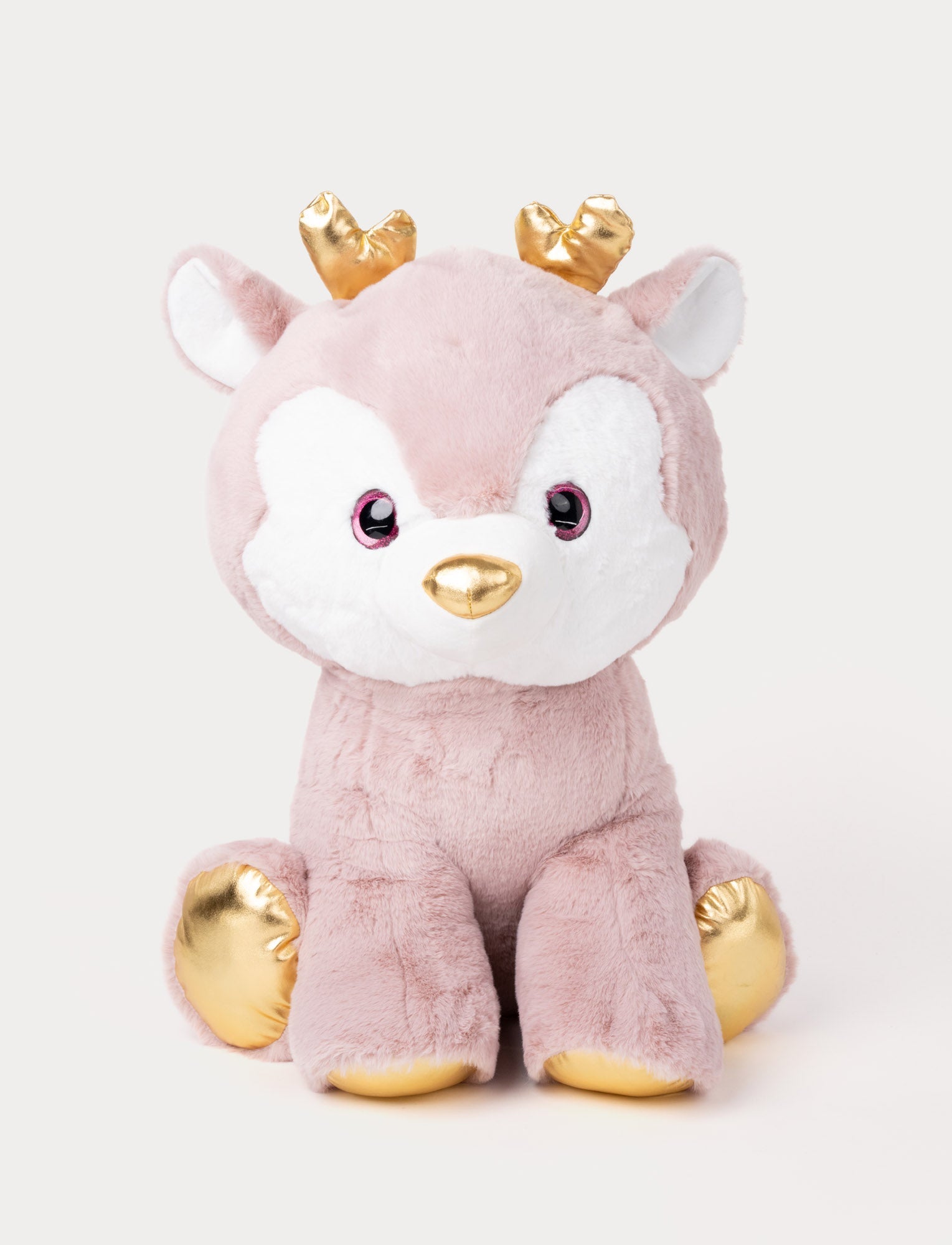  Image of Soft pink plush deer with white accents, golden antlers, a gold nose, and shimmering gold hooves.