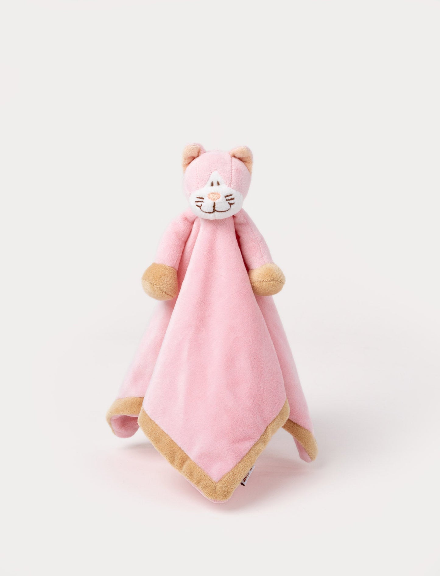 A pink baby blanket with a soft plush cat, white and beige details.