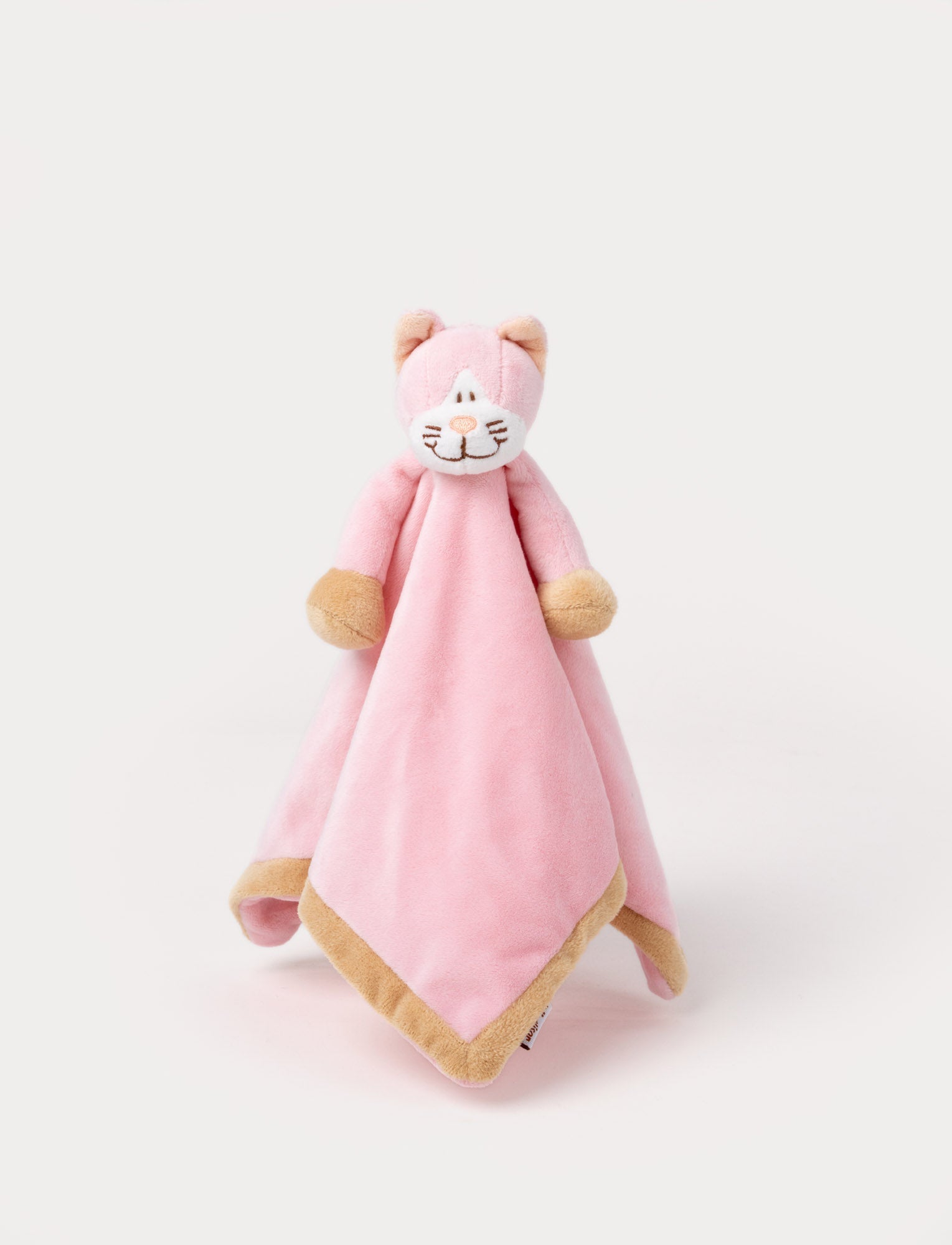  Image of A pink baby blanket with a soft plush cat, white and beige details.
