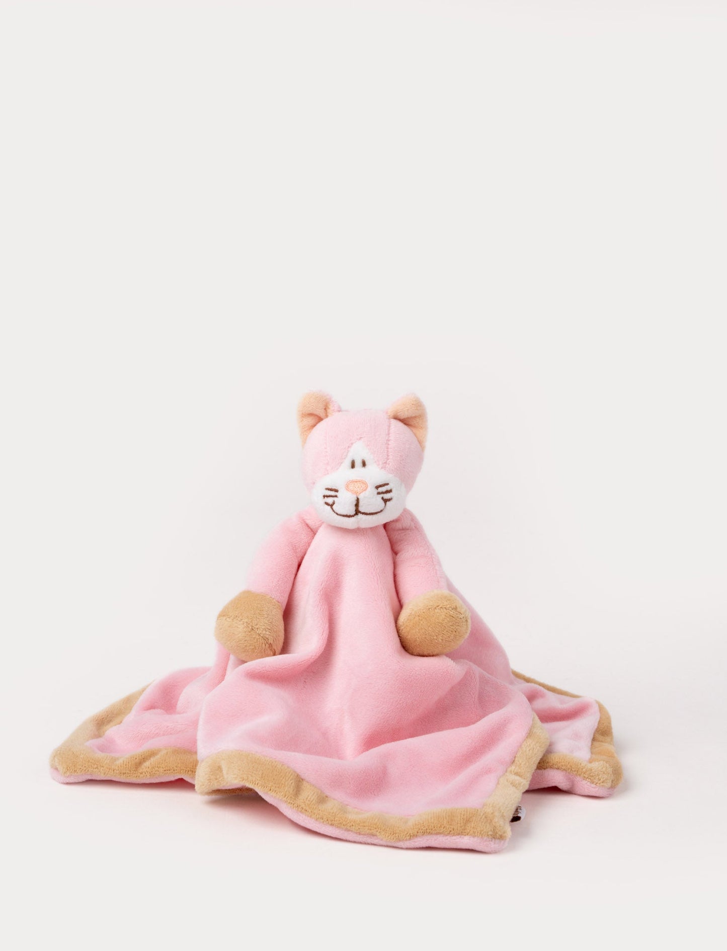 A pink baby blanket with a soft plush cat, white and beige details