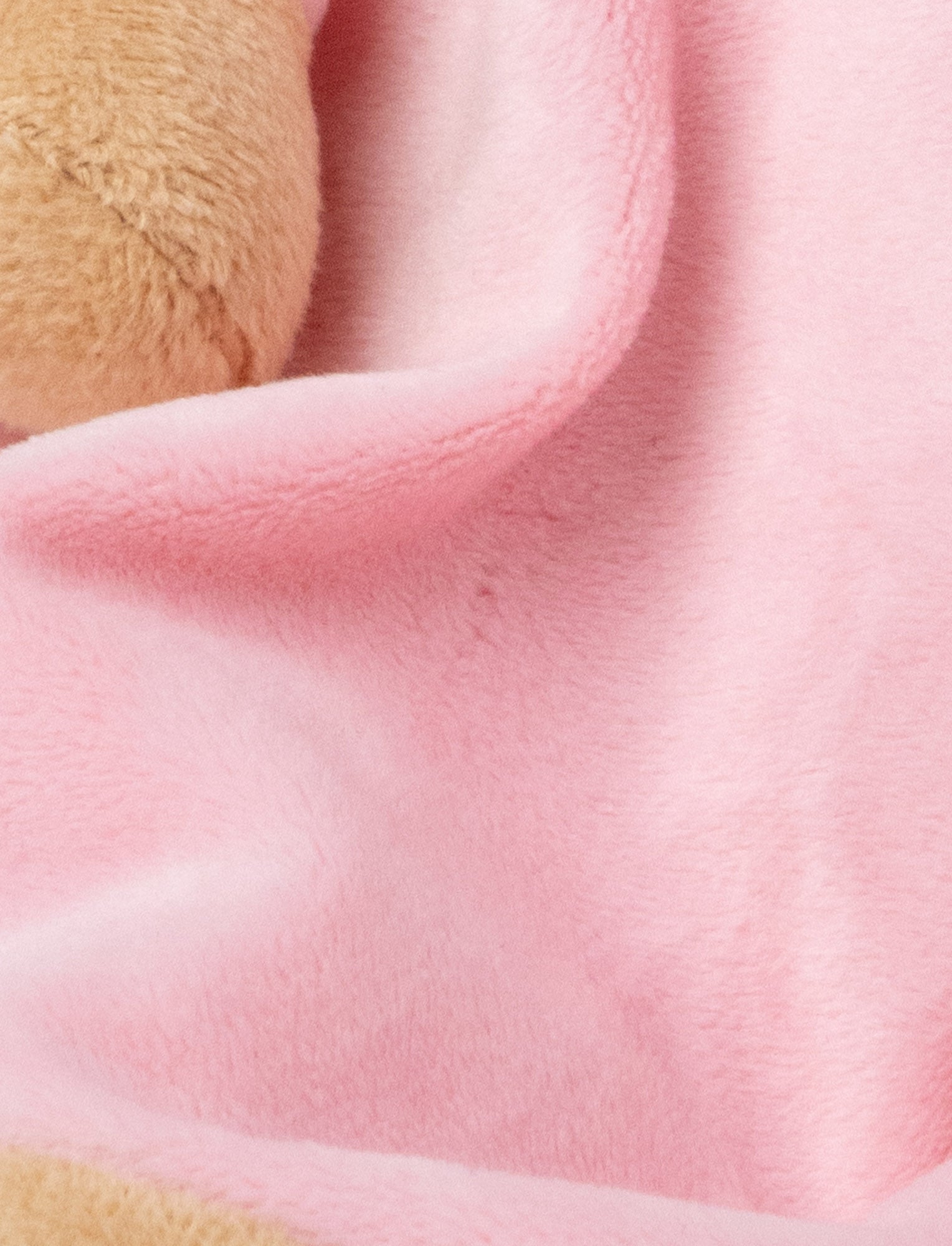  Image of A pink baby blanket with a soft plush cat, white and beige details