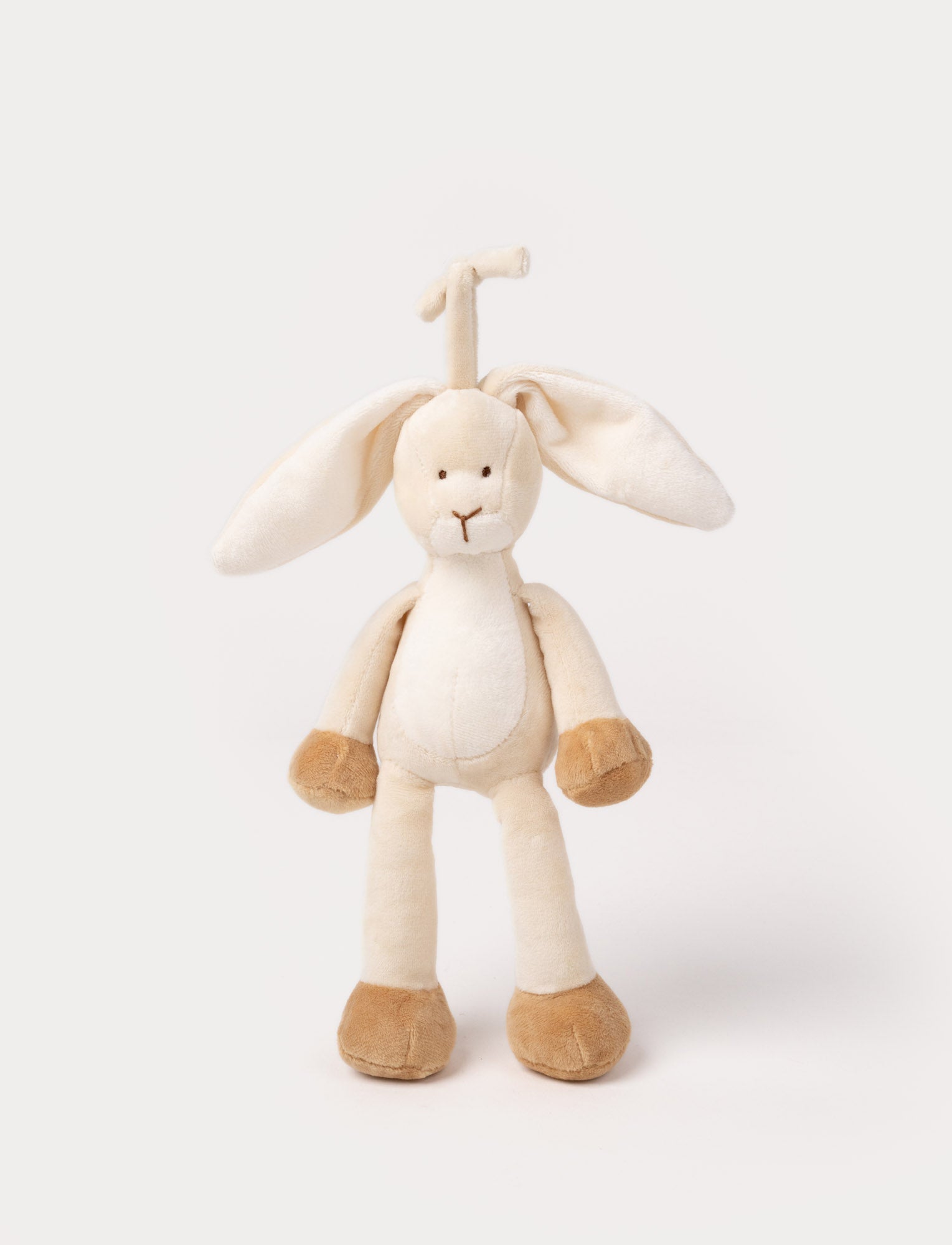  Image of A plush beige bunny music box with floppy ears, a white belly, and a hanging loop.