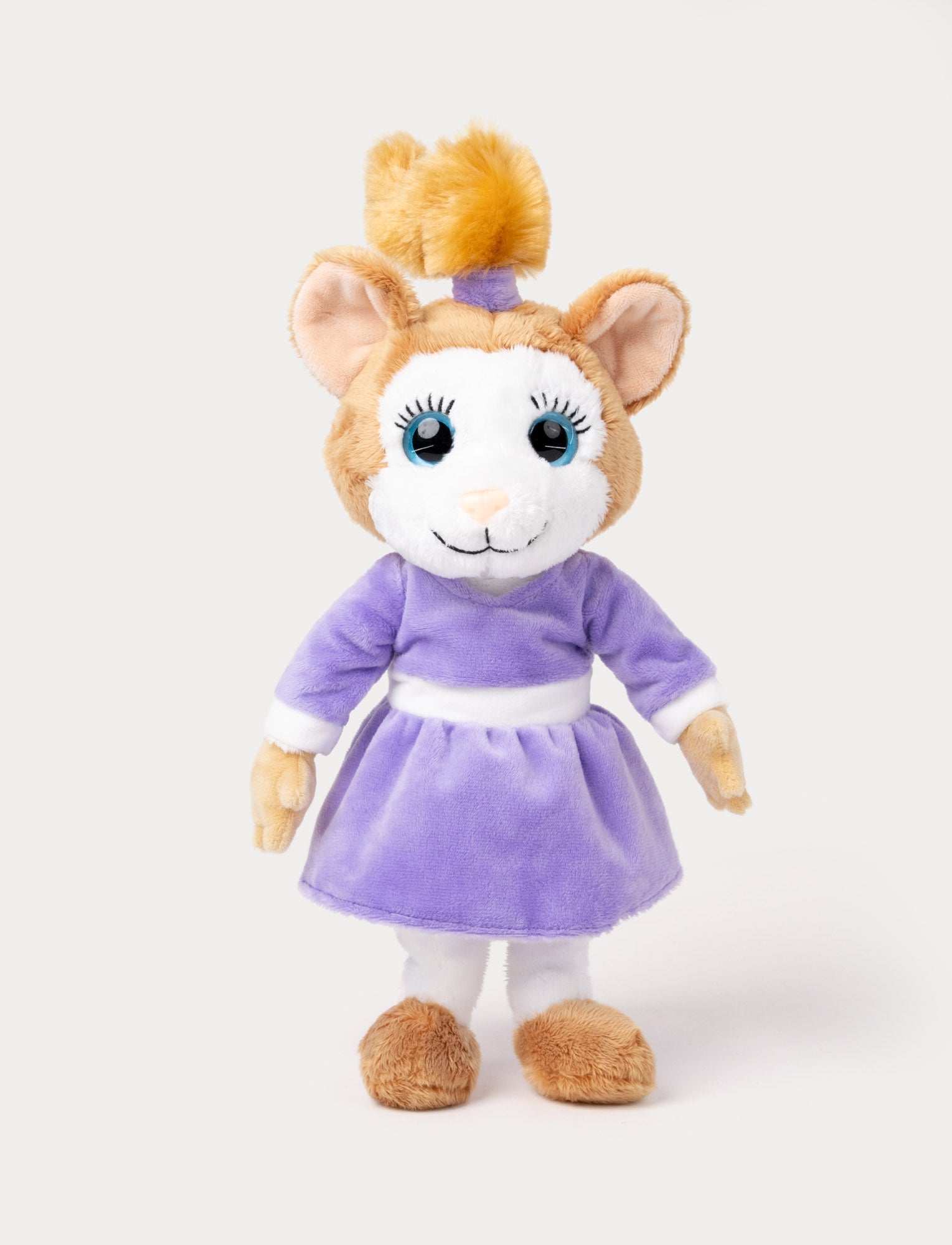  Image of Helium, the mouse, wearing a purple dress, with big expressive eyes and a friendly smile.