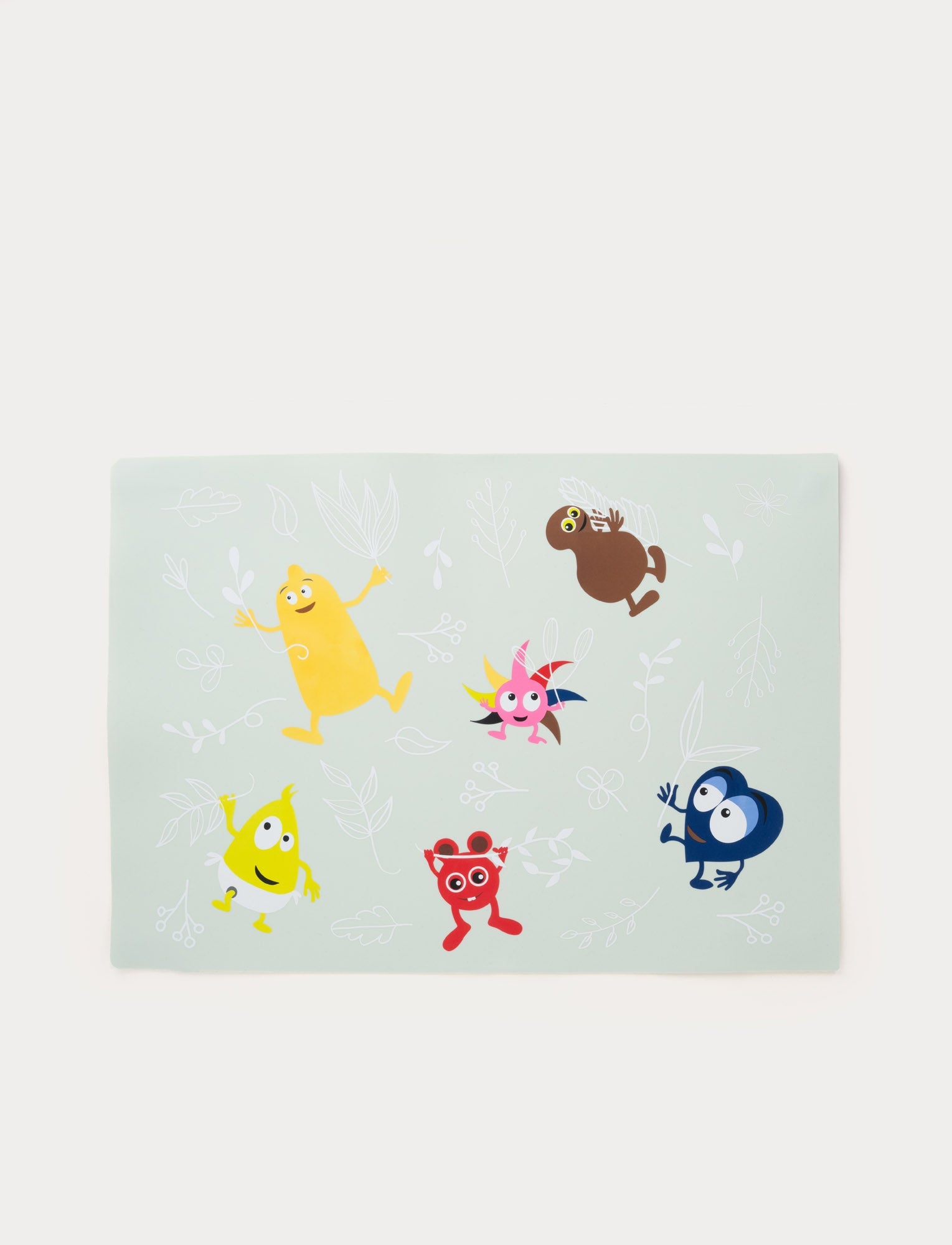  Image of Babblarna silicone placemat with colorful characters on a light green background.
