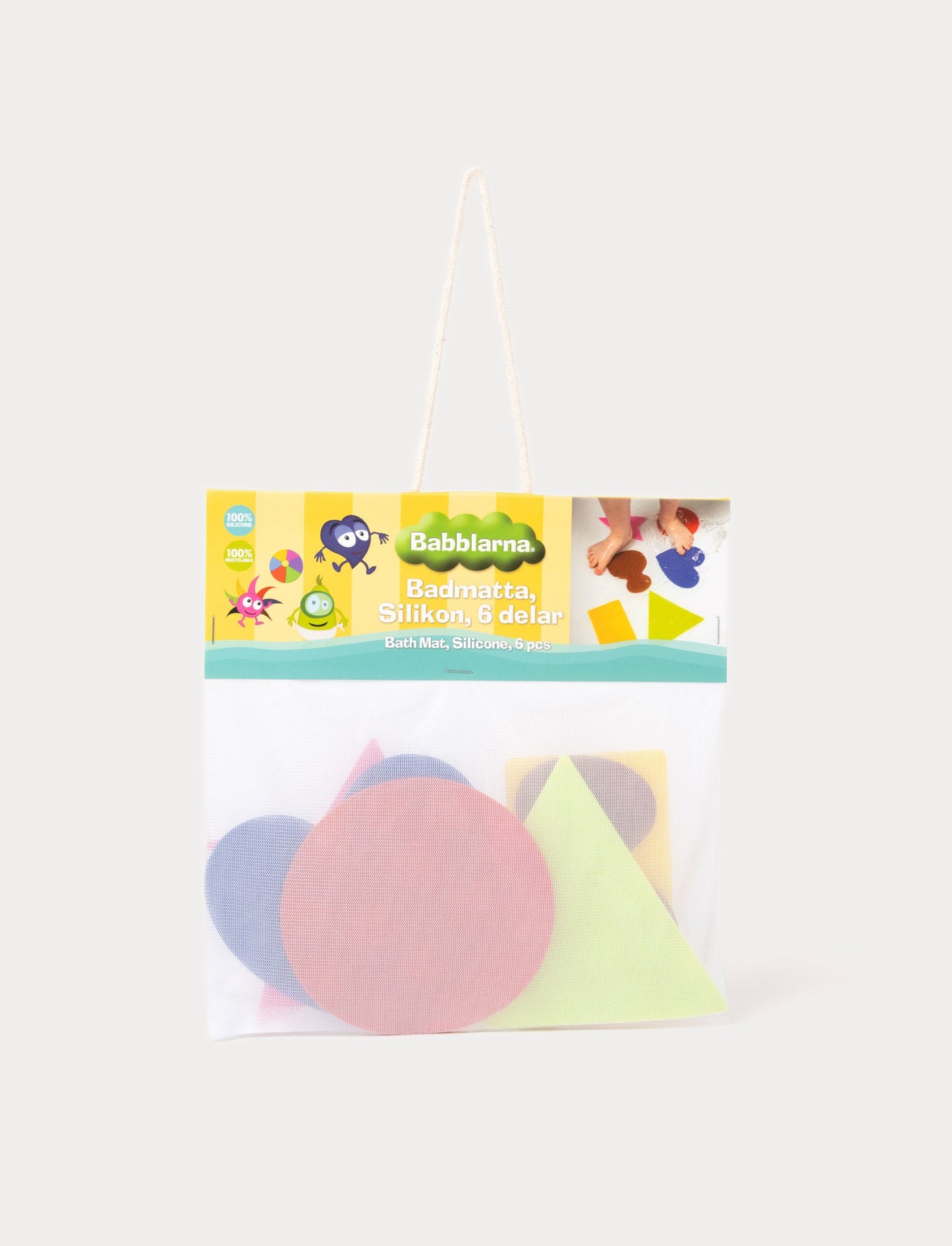 Colorful mini bath mats featuring Babblarna characters, with various shapes and suction cups for a secure fit.