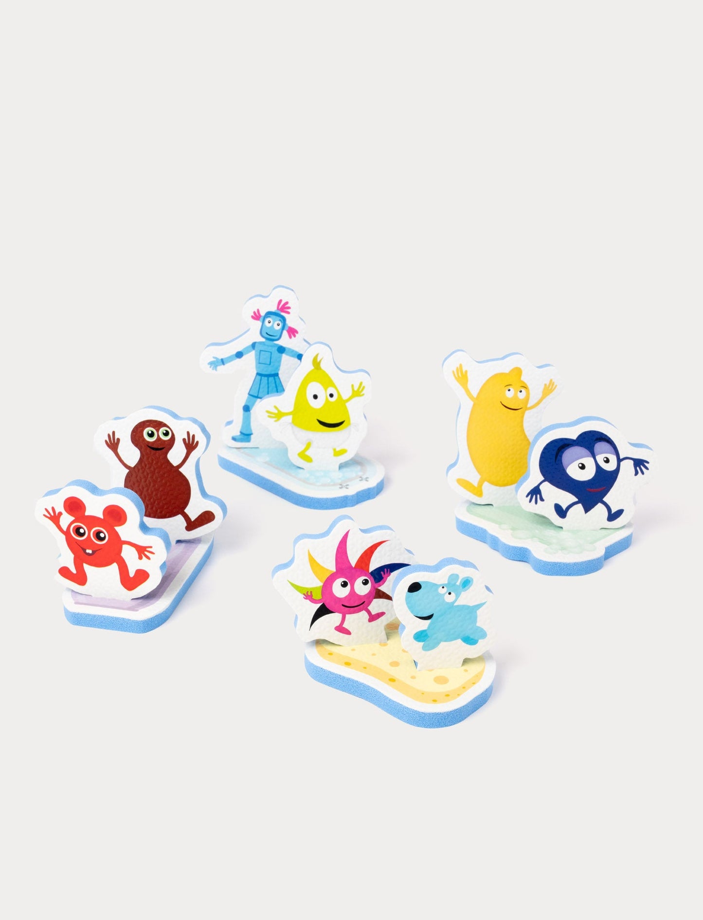 Colorful foam bath toys featuring playful Babblarna characters in different shapes and colors.