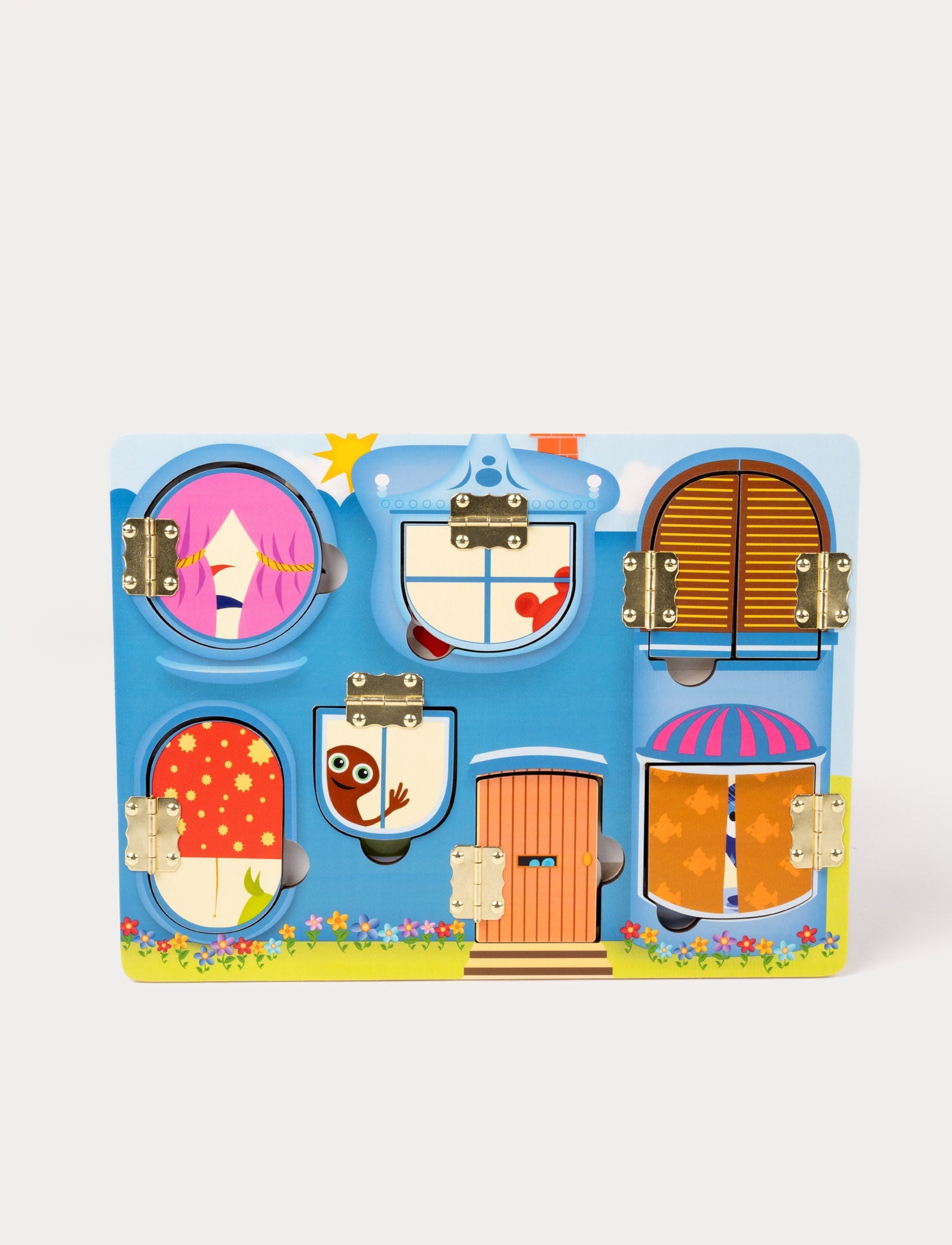  Image of Colorful wooden activity board with small doors hiding playful Babblarna characters.