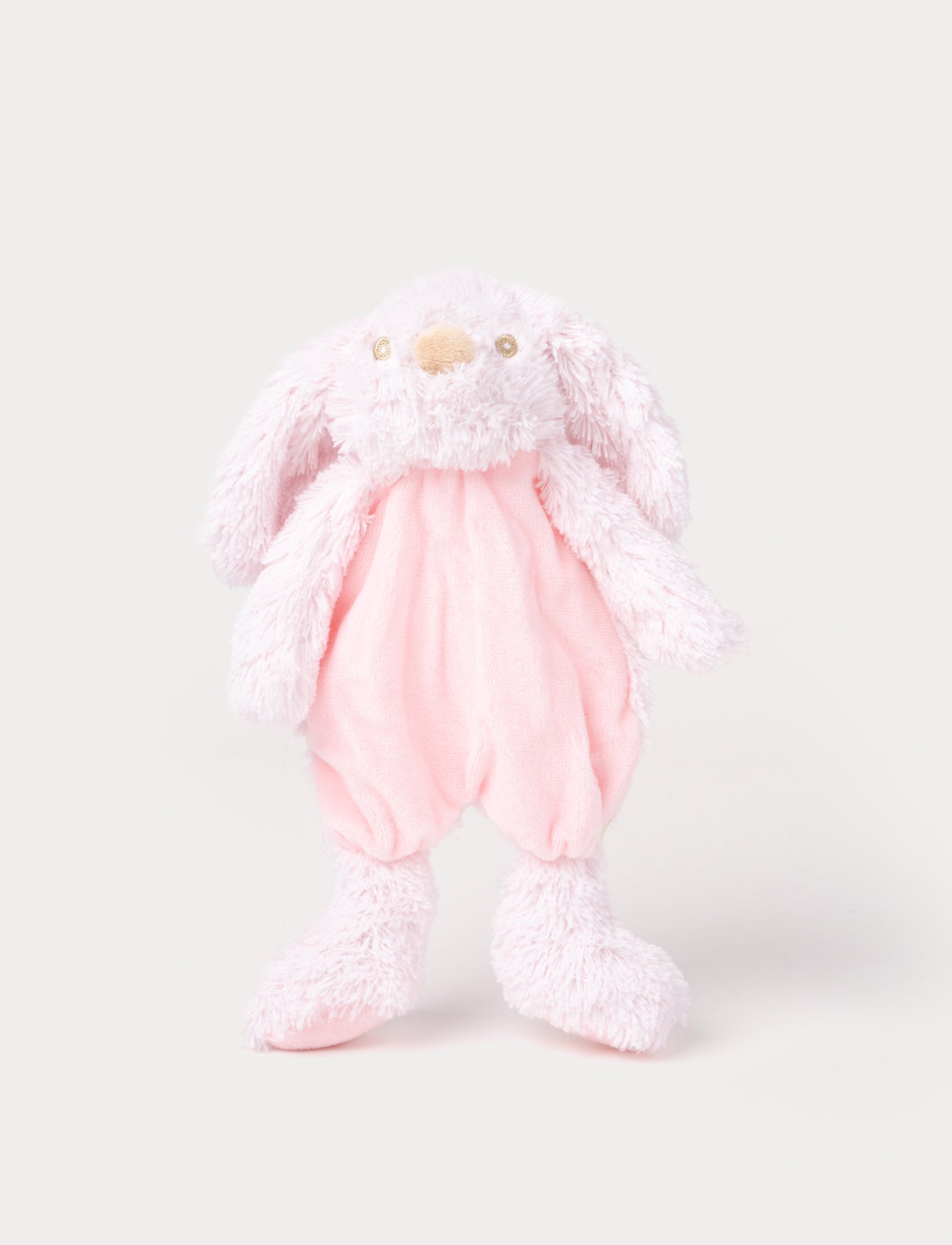  Image of Soft plush bunny with a pink fabric body, floppy furry ears, and fluffy paws.