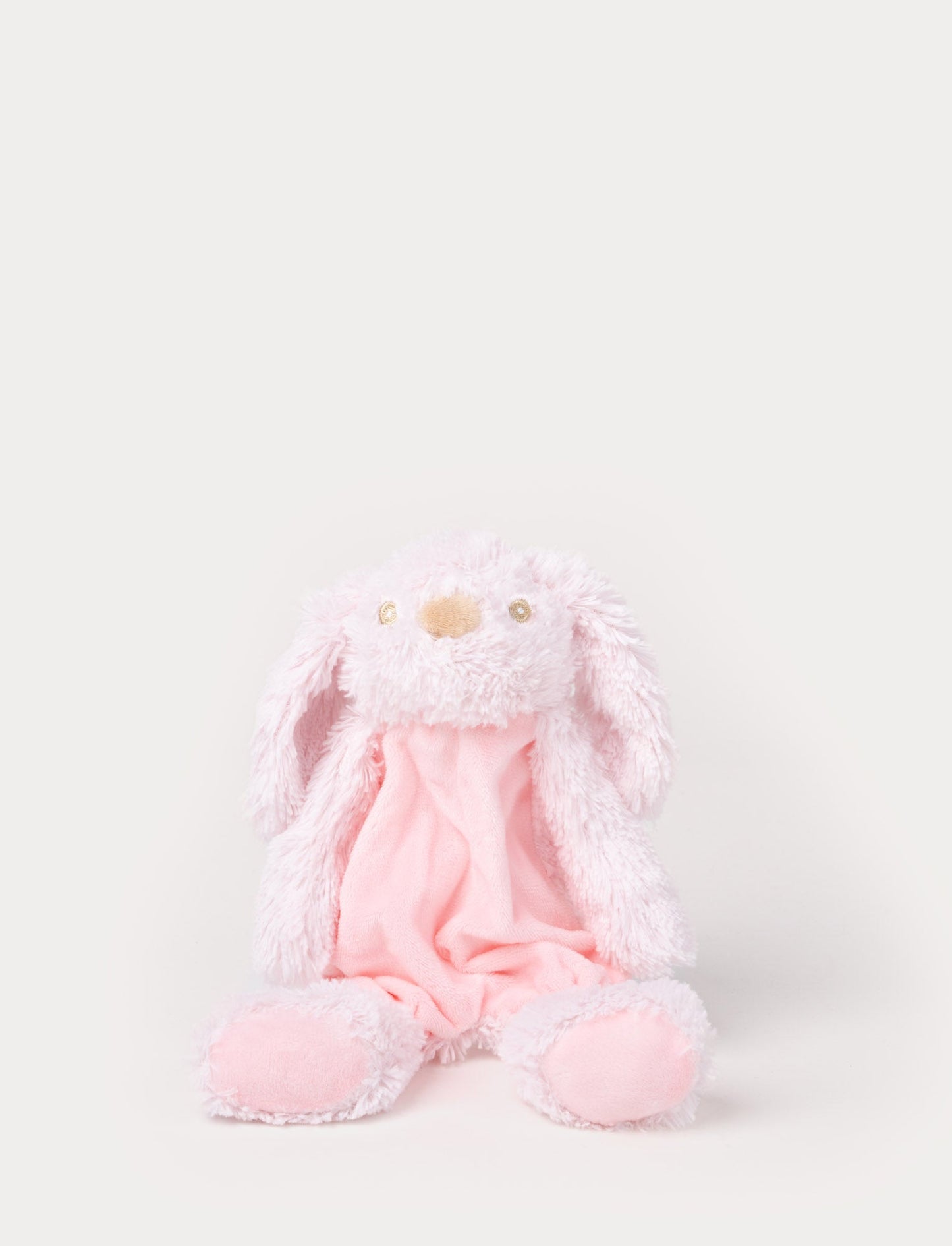 Soft plush bunny with a pink fabric body, floppy furry ears, and fluffy paws.
