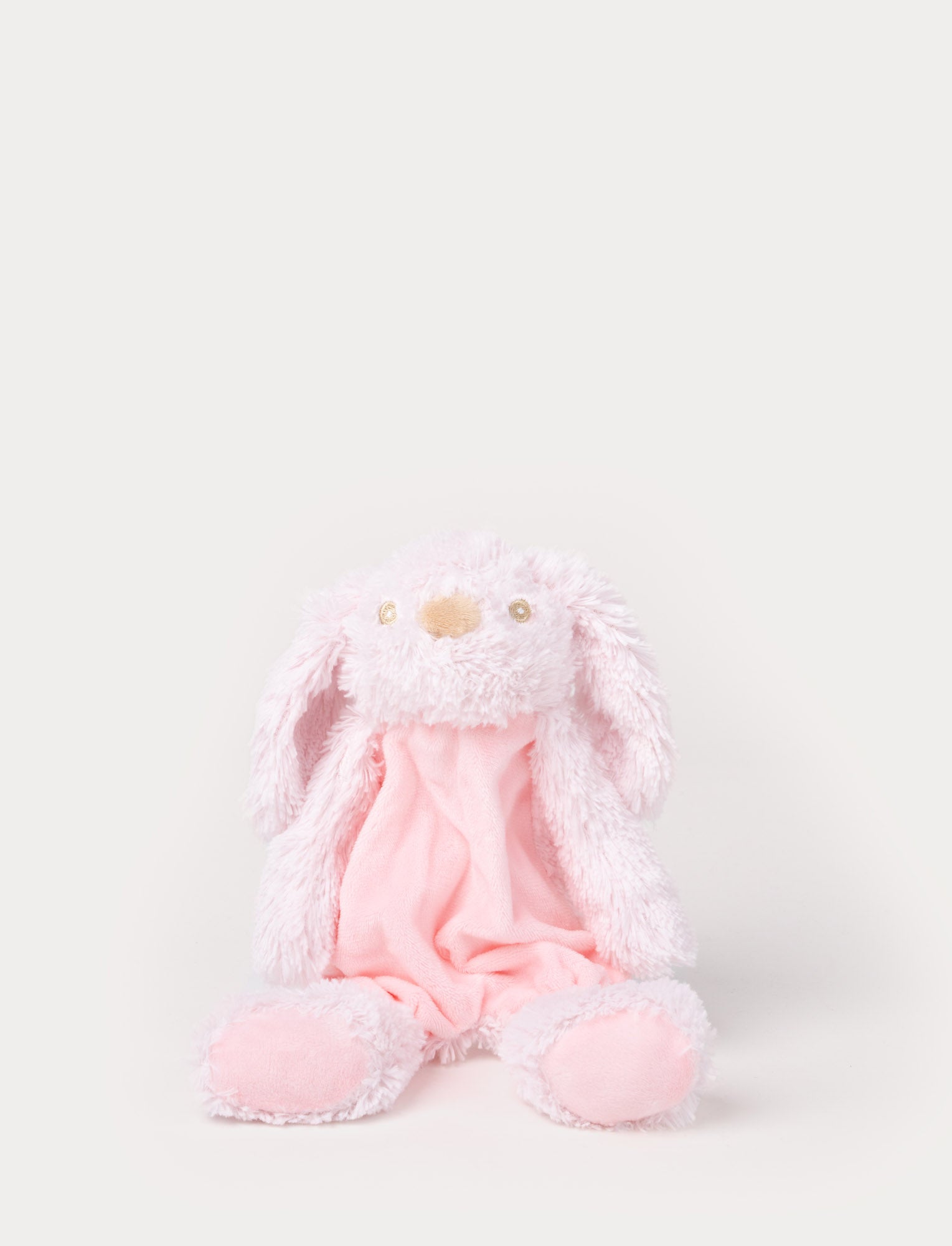  Image of Soft plush bunny with a pink fabric body, floppy furry ears, and fluffy paws.