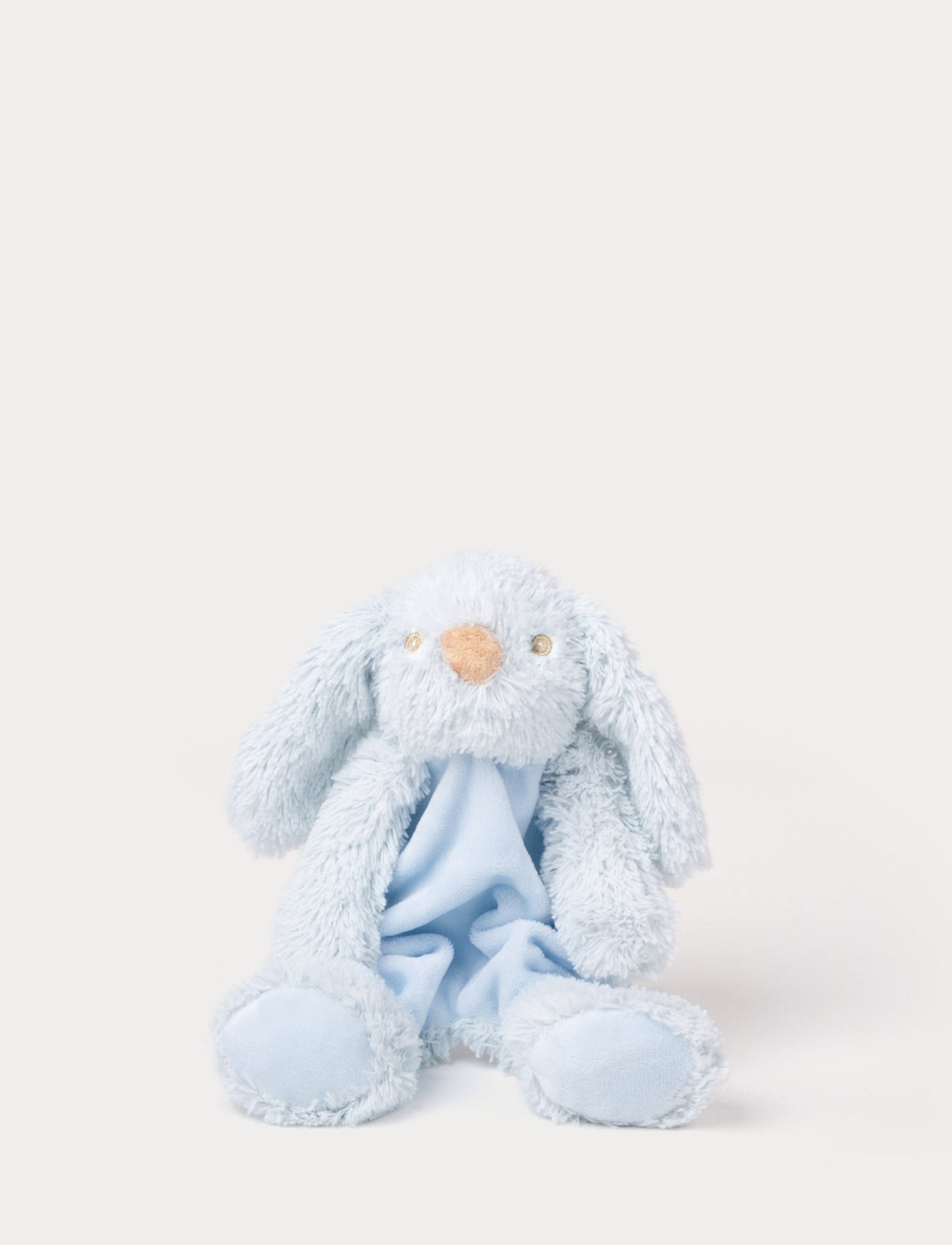 Soft plush bunny blanket with a light blue fabric body, floppy furry ears, and fluffy paws.