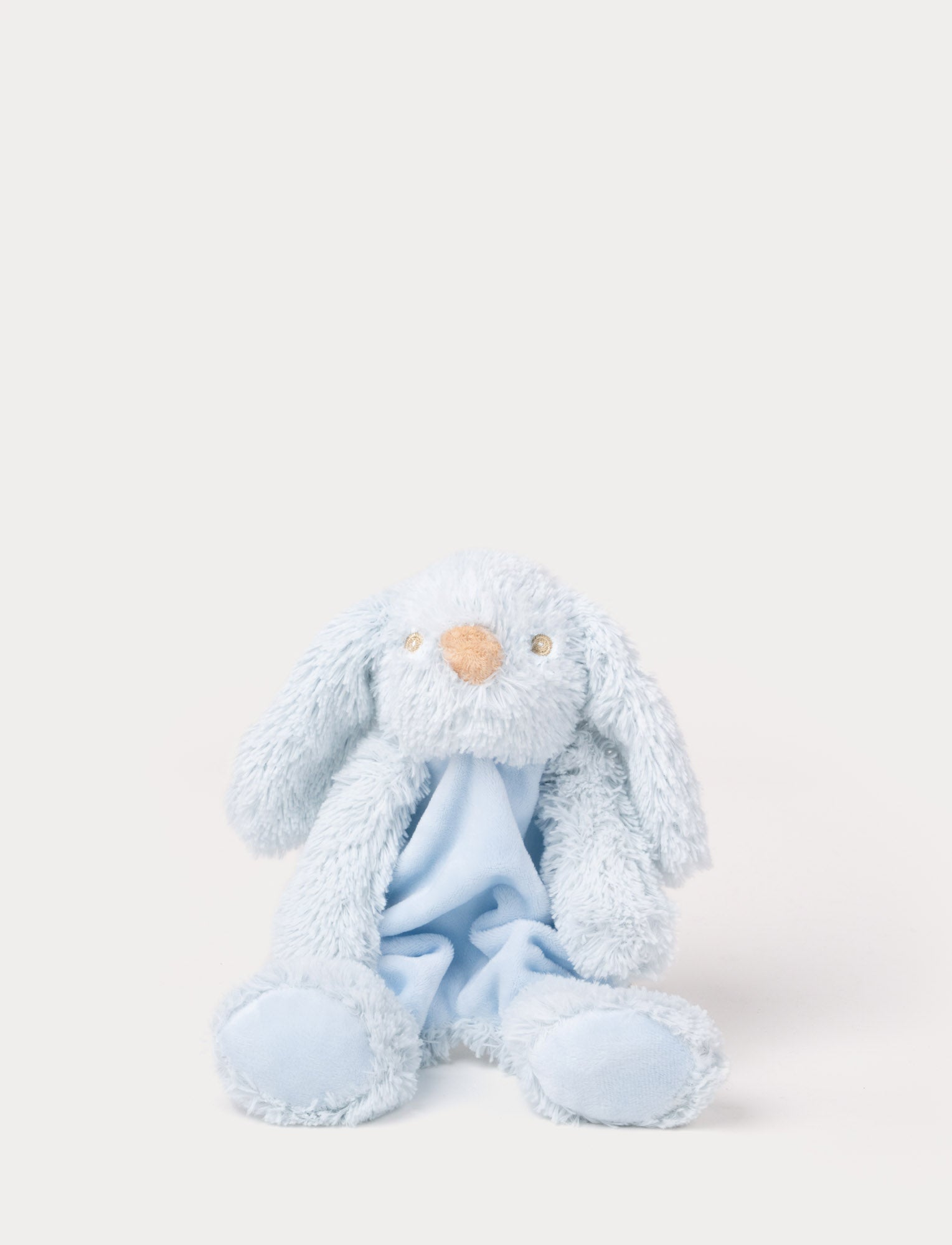  Image of Soft plush bunny blanket with a light blue fabric body, floppy furry ears, and fluffy paws.
