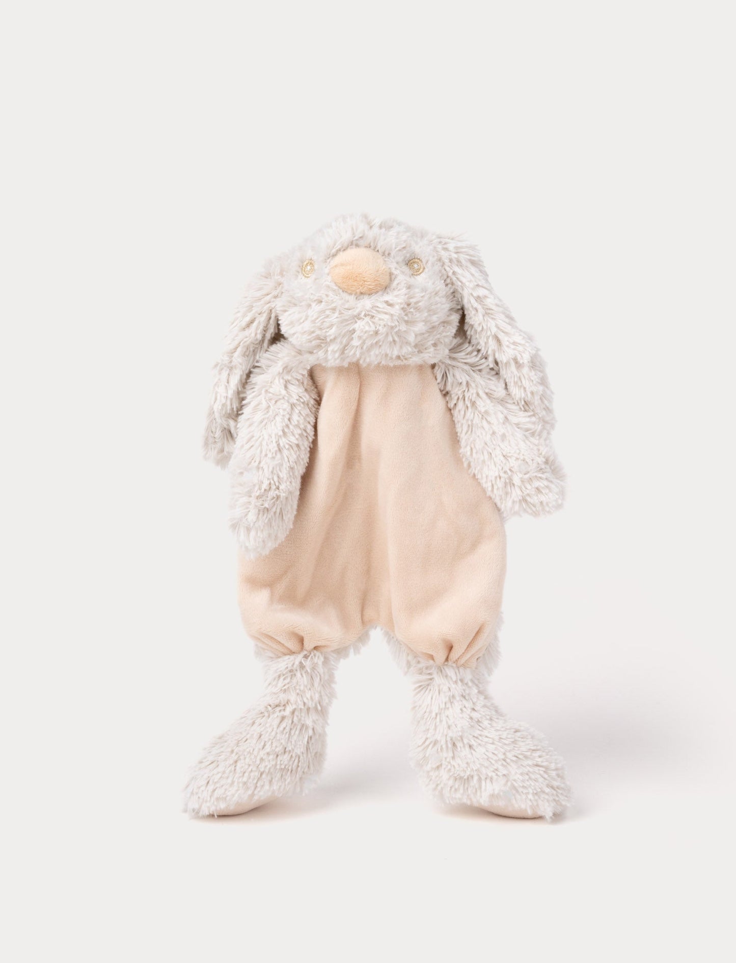 Soft baby blanket with a plush beige bunny head, floppy furry ears, and a cozy fabric body.