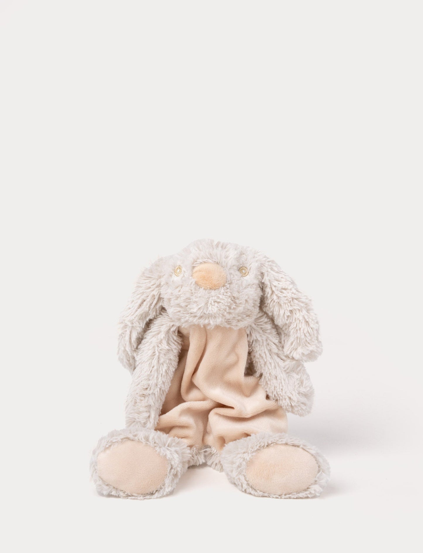 Soft baby blanket with a plush beige bunny head, floppy furry ears, and a cozy fabric body.