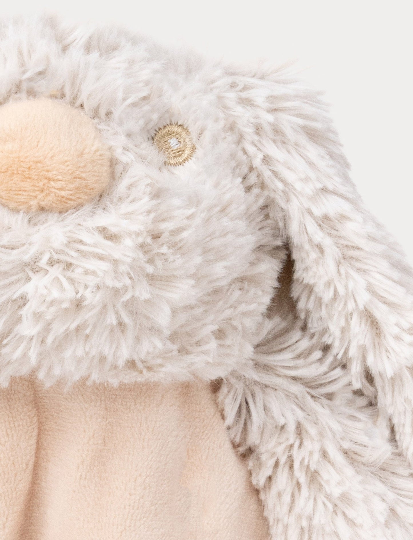 Soft baby blanket with a plush beige bunny head, floppy furry ears, and a cozy fabric body.