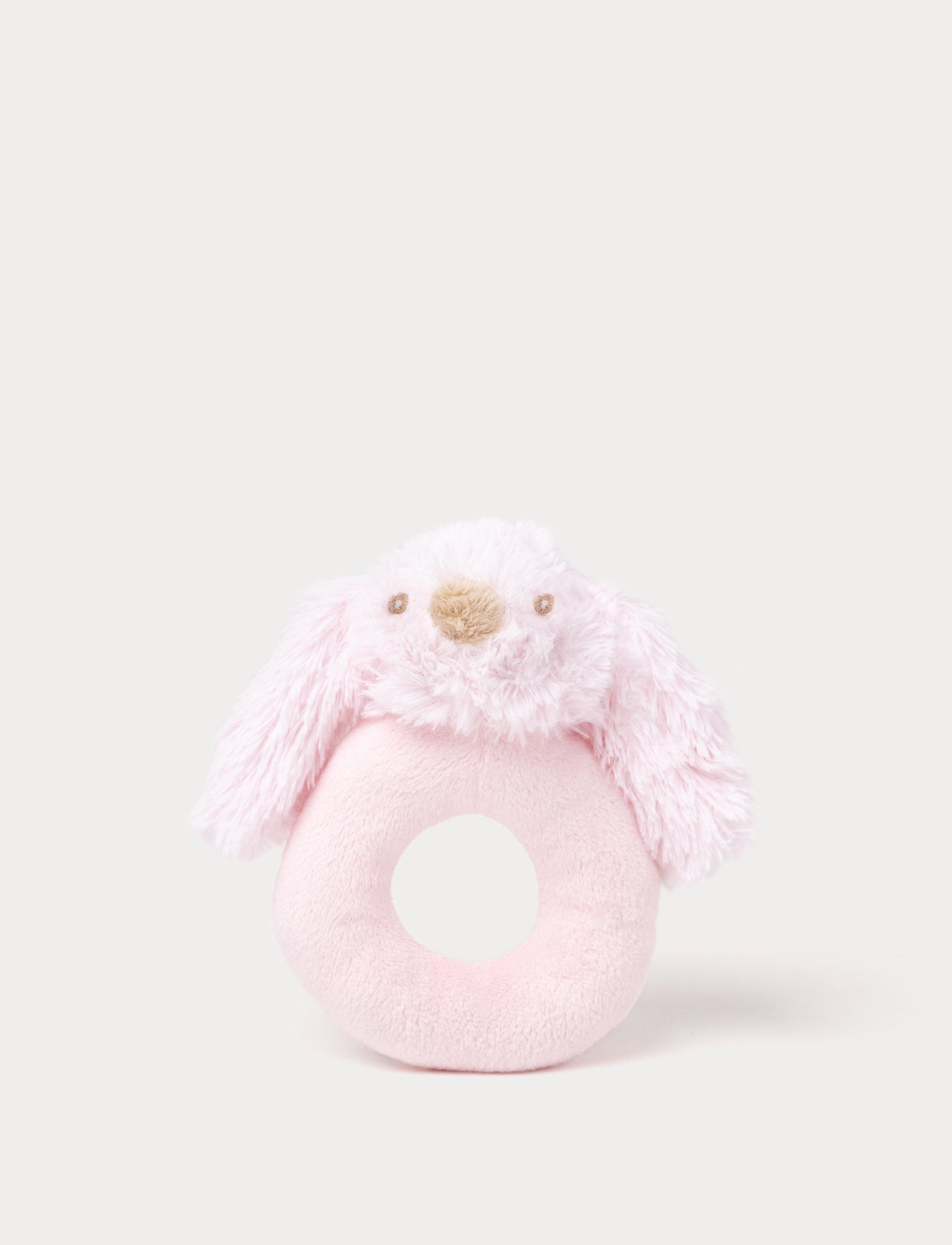  Image of Soft pink baby rattle with a plush bunny head and floppy furry ears.