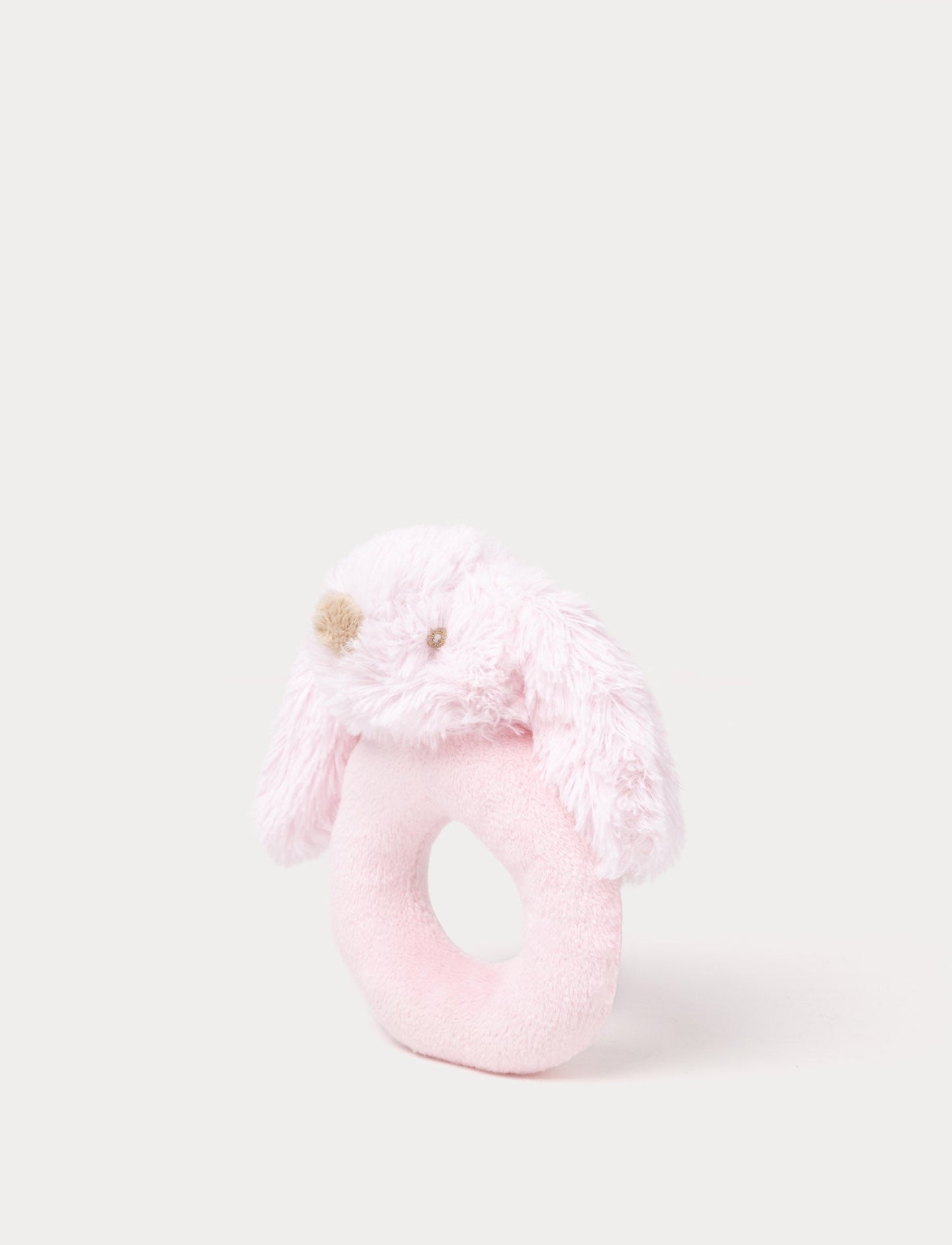 Soft pink baby rattle with a plush bunny head and floppy furry ears.