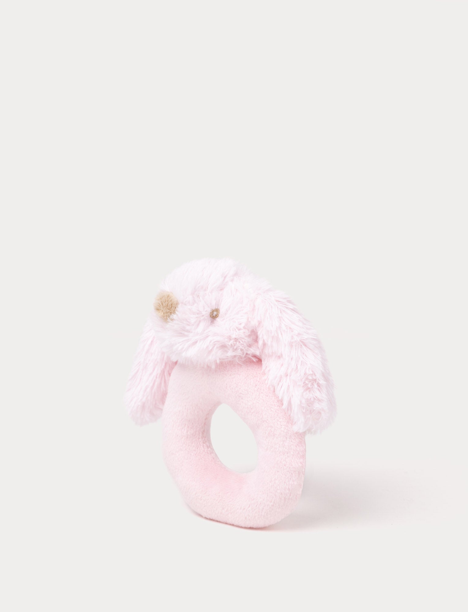  Image of Soft pink baby rattle with a plush bunny head and floppy furry ears.