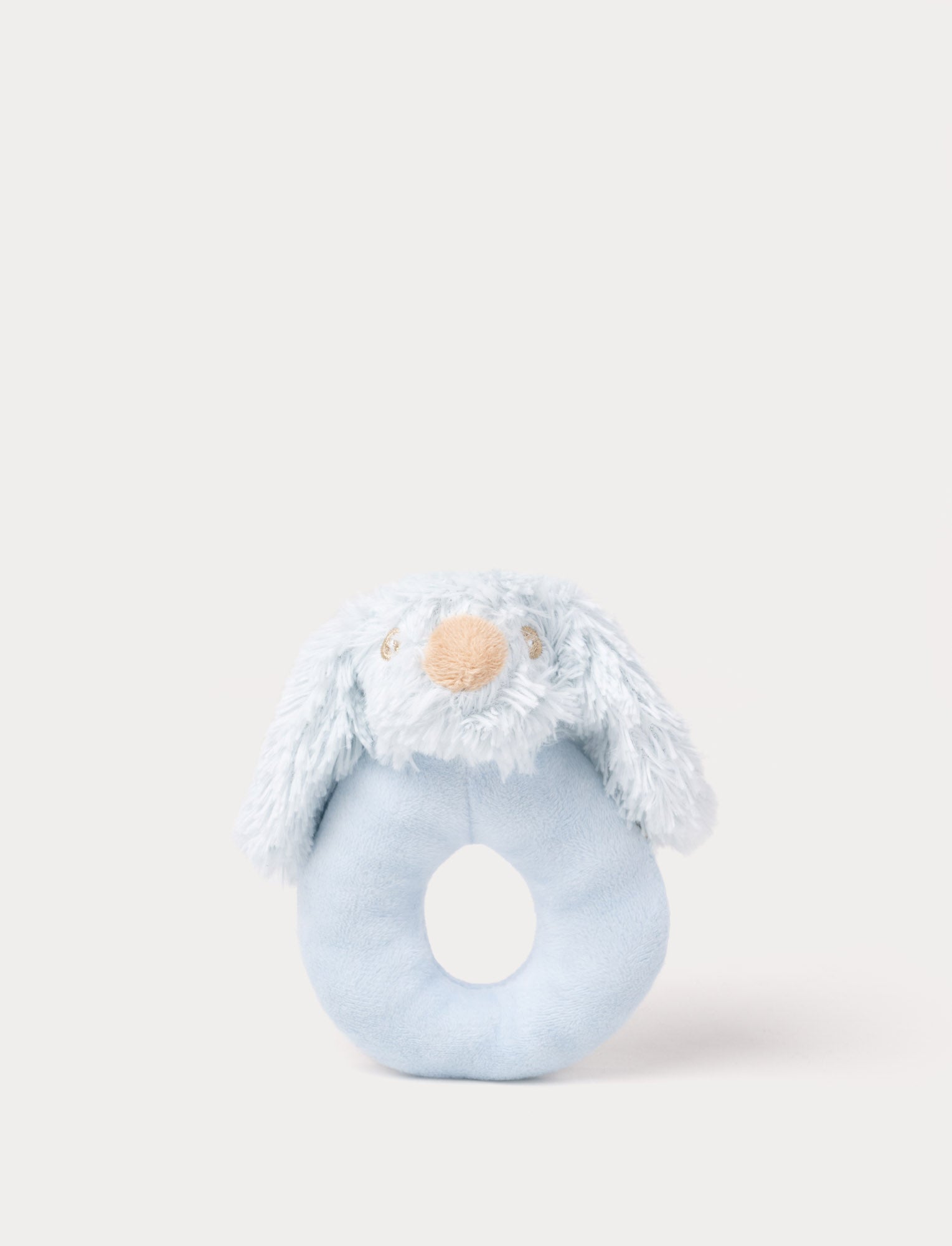  Image of Soft blue baby rattle with a plush bunny head and floppy furry ears.