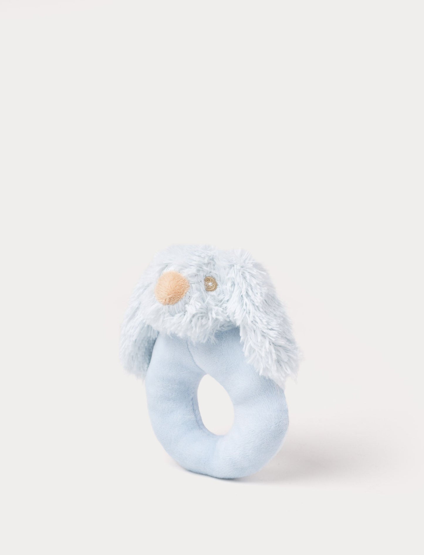 Soft blue baby rattle with a plush bunny head and floppy furry ears.