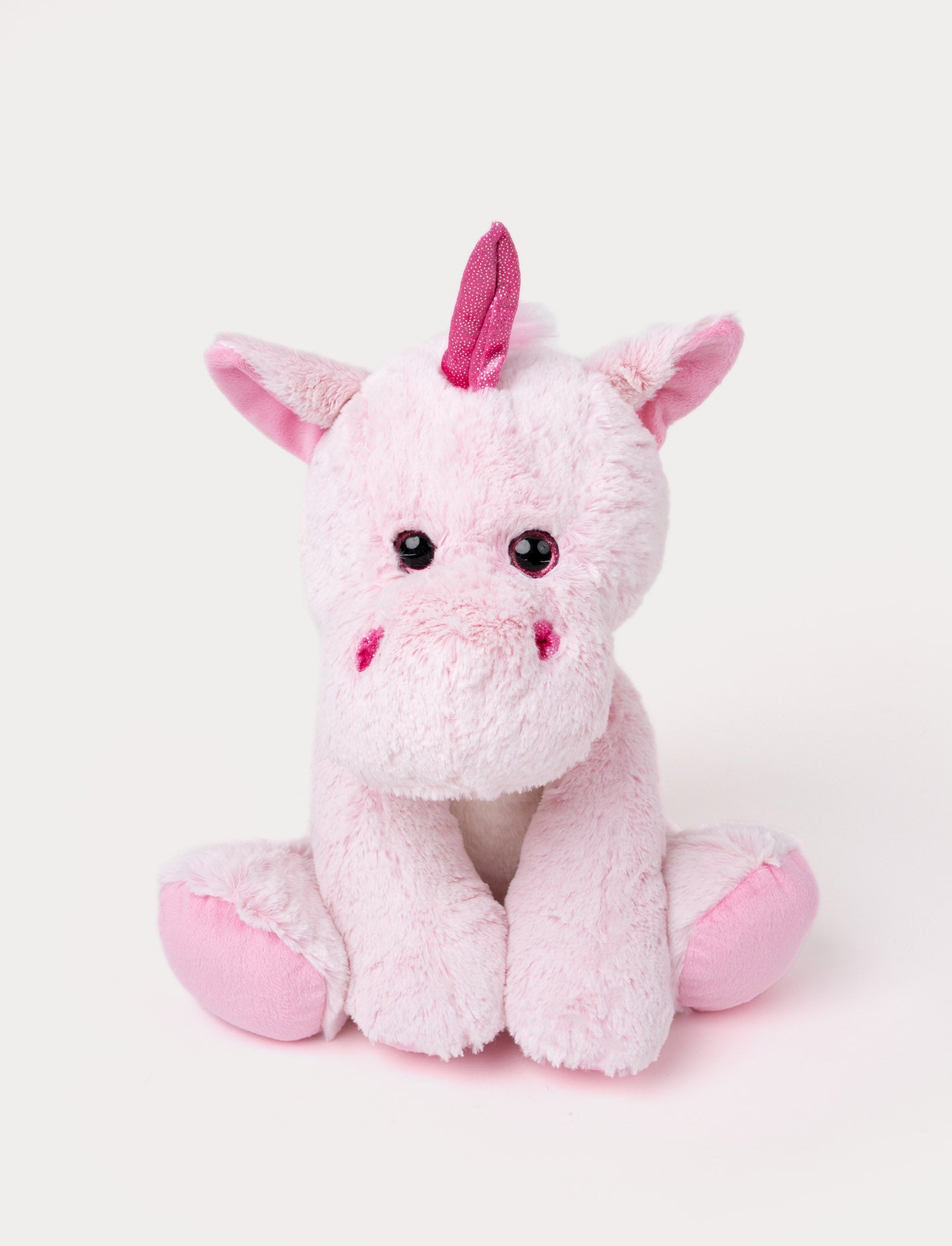  Image of Soft pink plush unicorn with a glittery pink horn, black eyes, and pink accents on its ears and hooves.