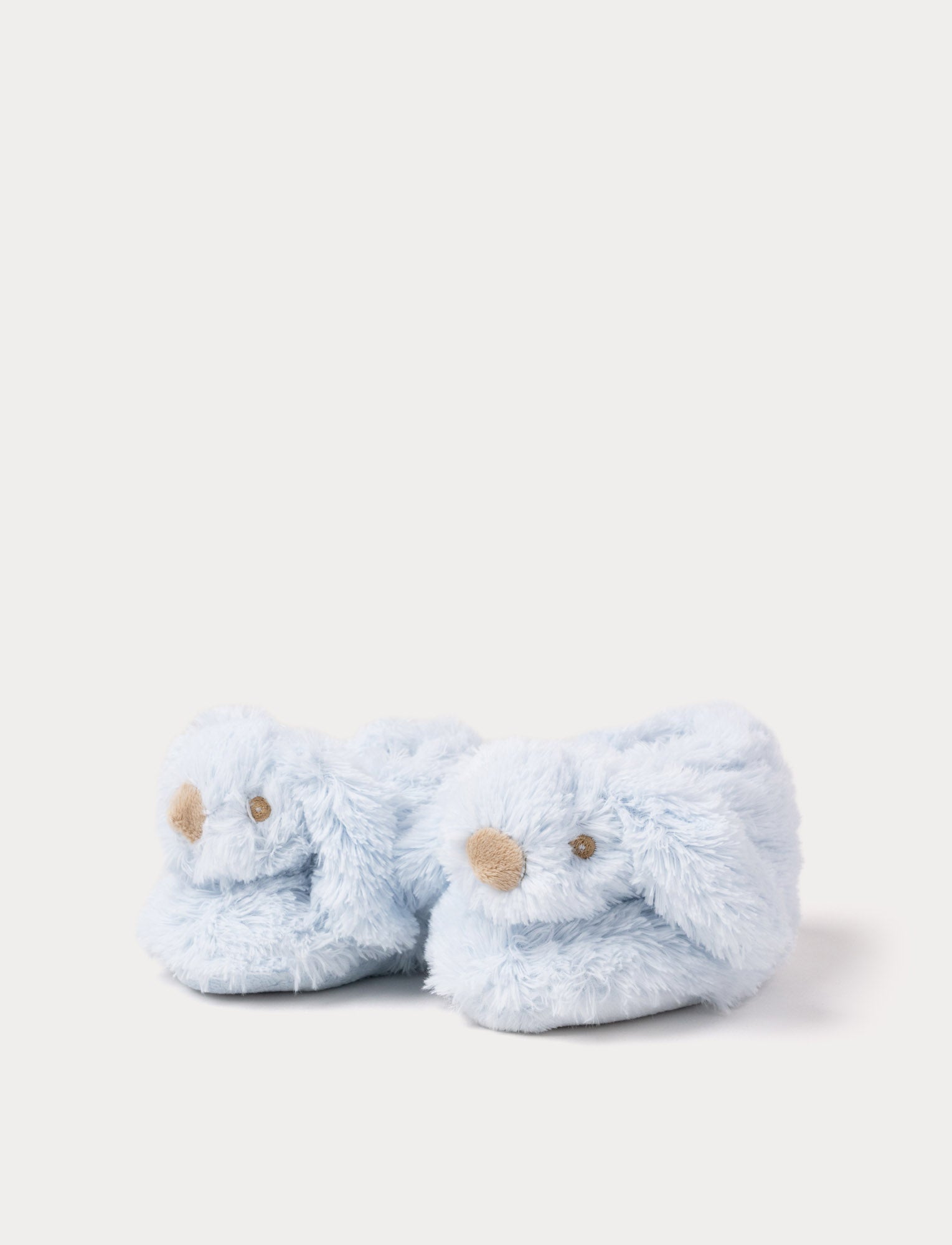  Image of Soft baby blue plush slippers shaped like bunnies, with floppy ears and stitched eyes and noses.