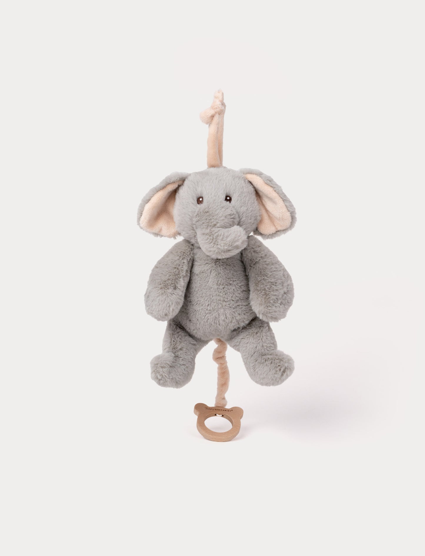 Soft grey elephant plush with large ears and a pull-string music box attachment.
