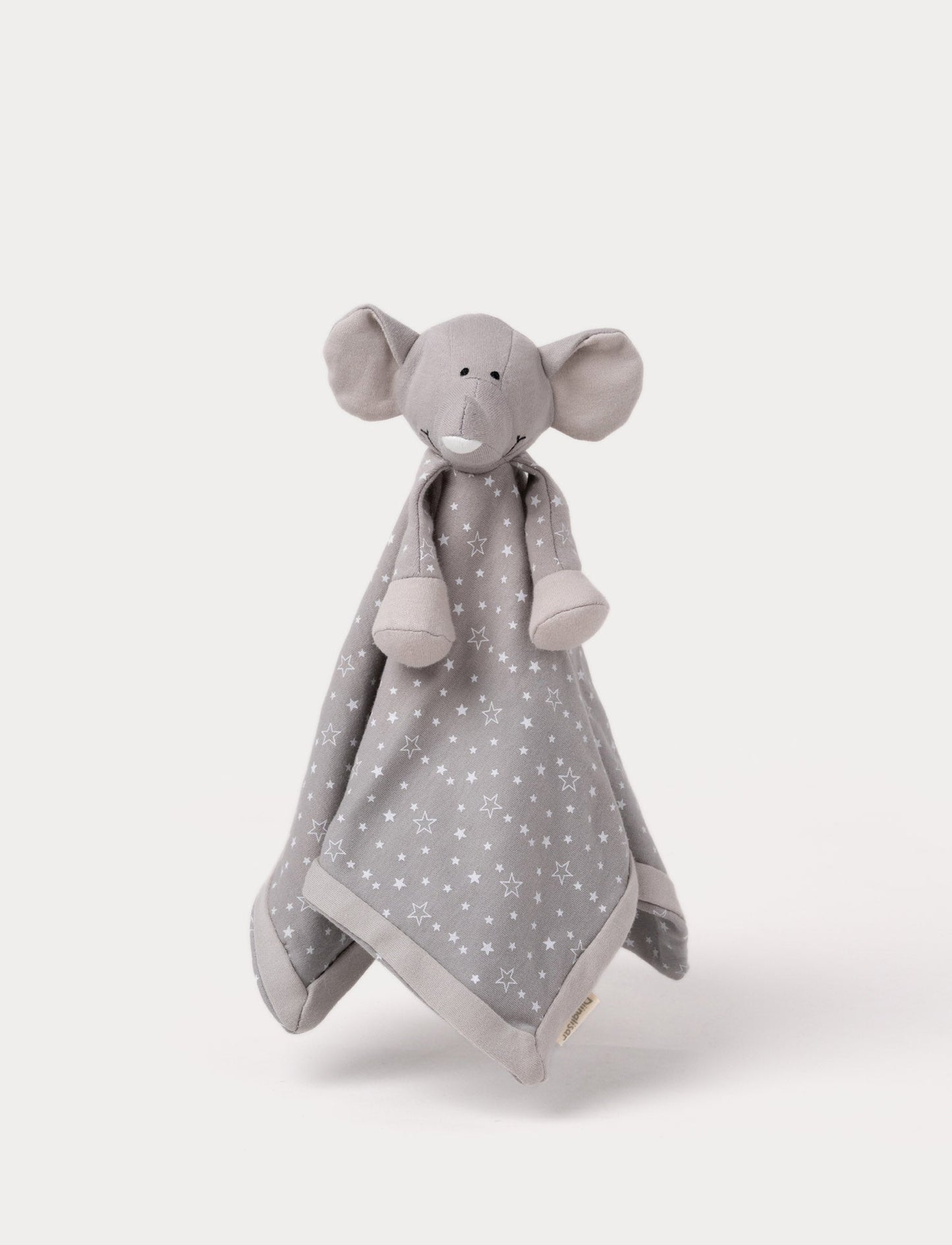 Grey elephant comfort blanket with star pattern and soft fabric ears.