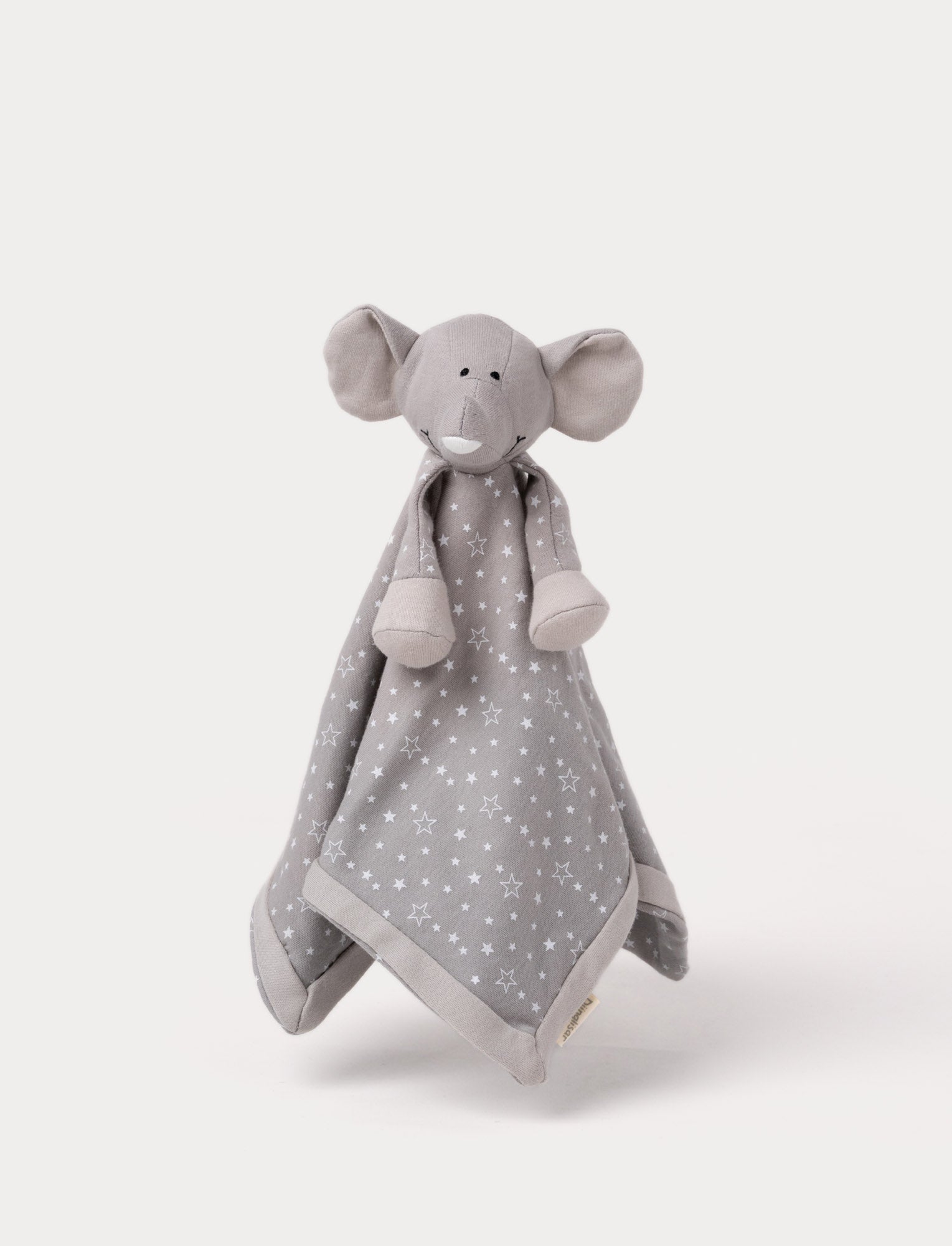  Image of Grey elephant comfort blanket with star pattern and soft fabric ears.