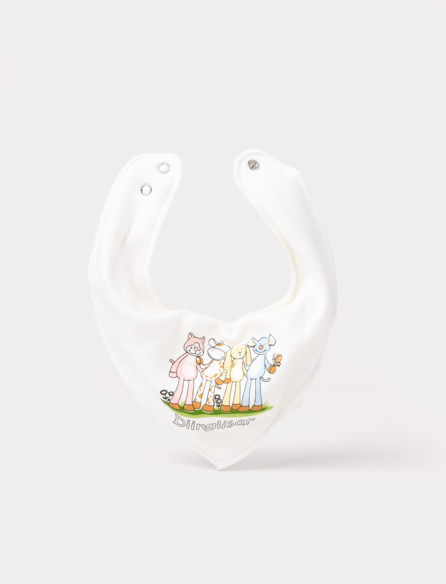 Soft, double-layered cotton Diinglisar bib with adjustable snap buttons and a cute, practical design.