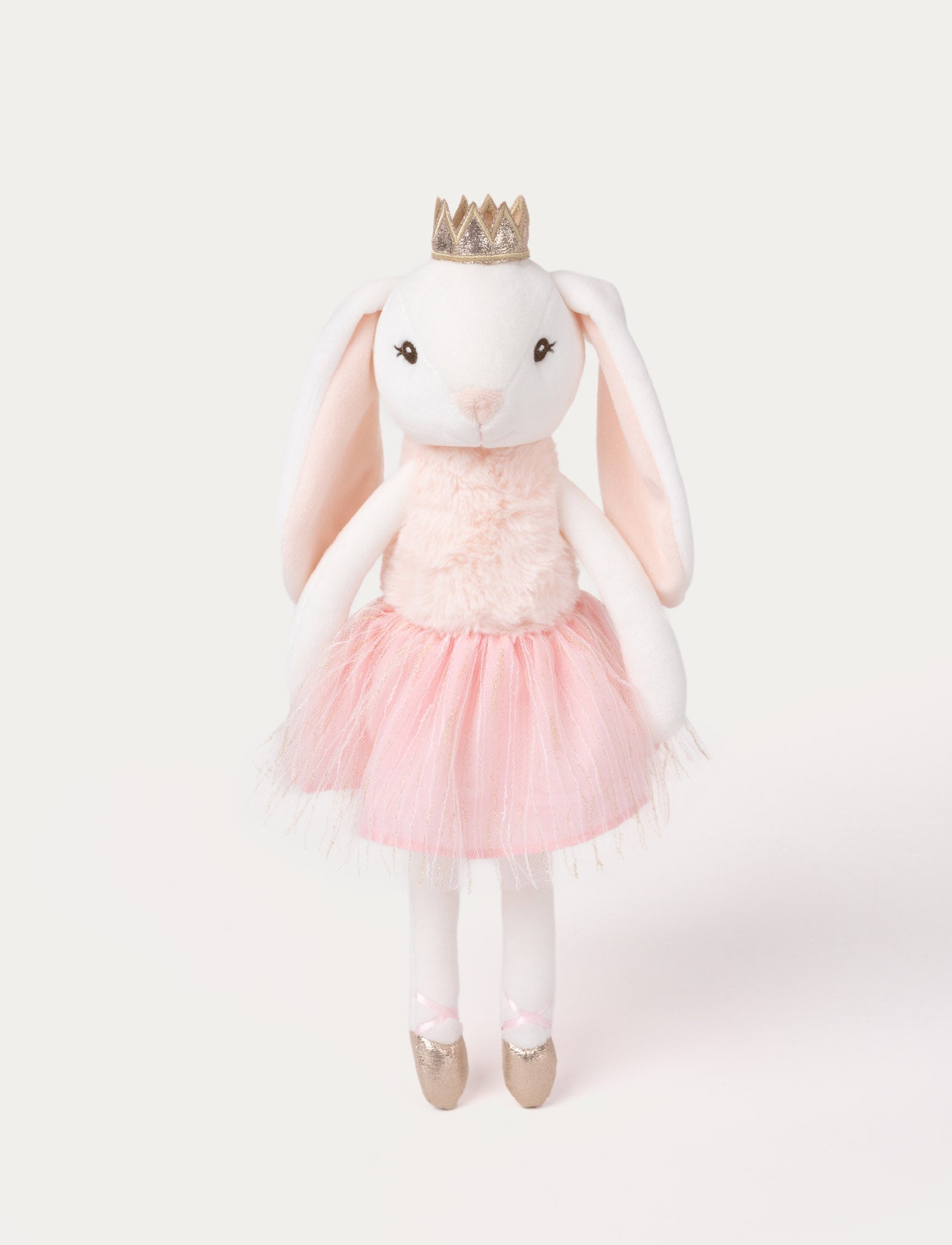  Image of Elegant white plush bunny wearing a pink skirt, gold ballet shoes, and a small gold crown.