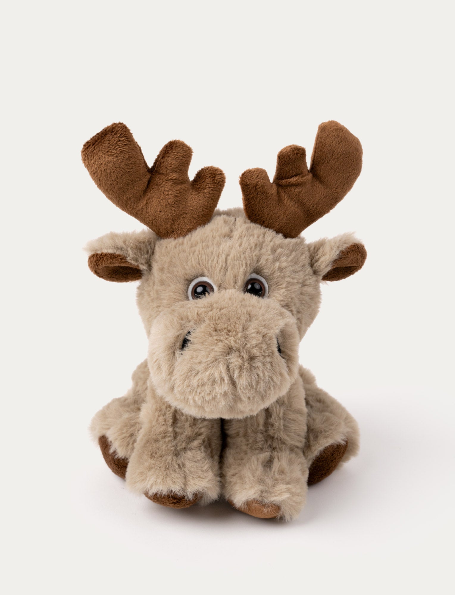  Image of Soft moose plush with light brown fur, dark brown antlers