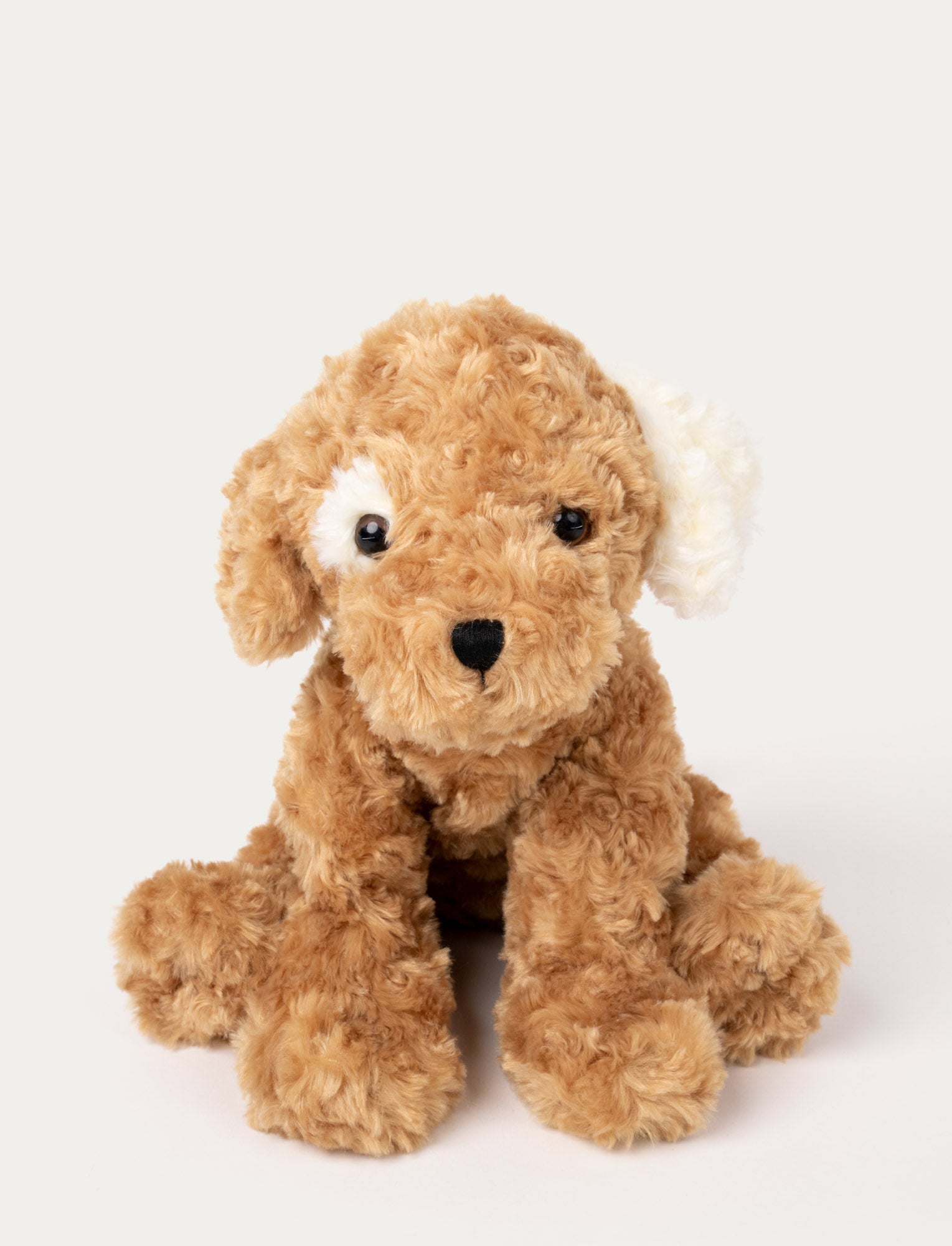  Image of Soft, curly light brown plush dog with black eyes, a stitched black nose, and one white floppy ear.