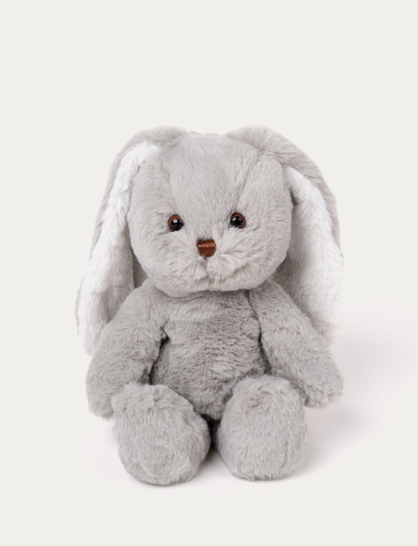 Soft grey plush bunny with long floppy ears, brown eyes, and a stitched brown nose.