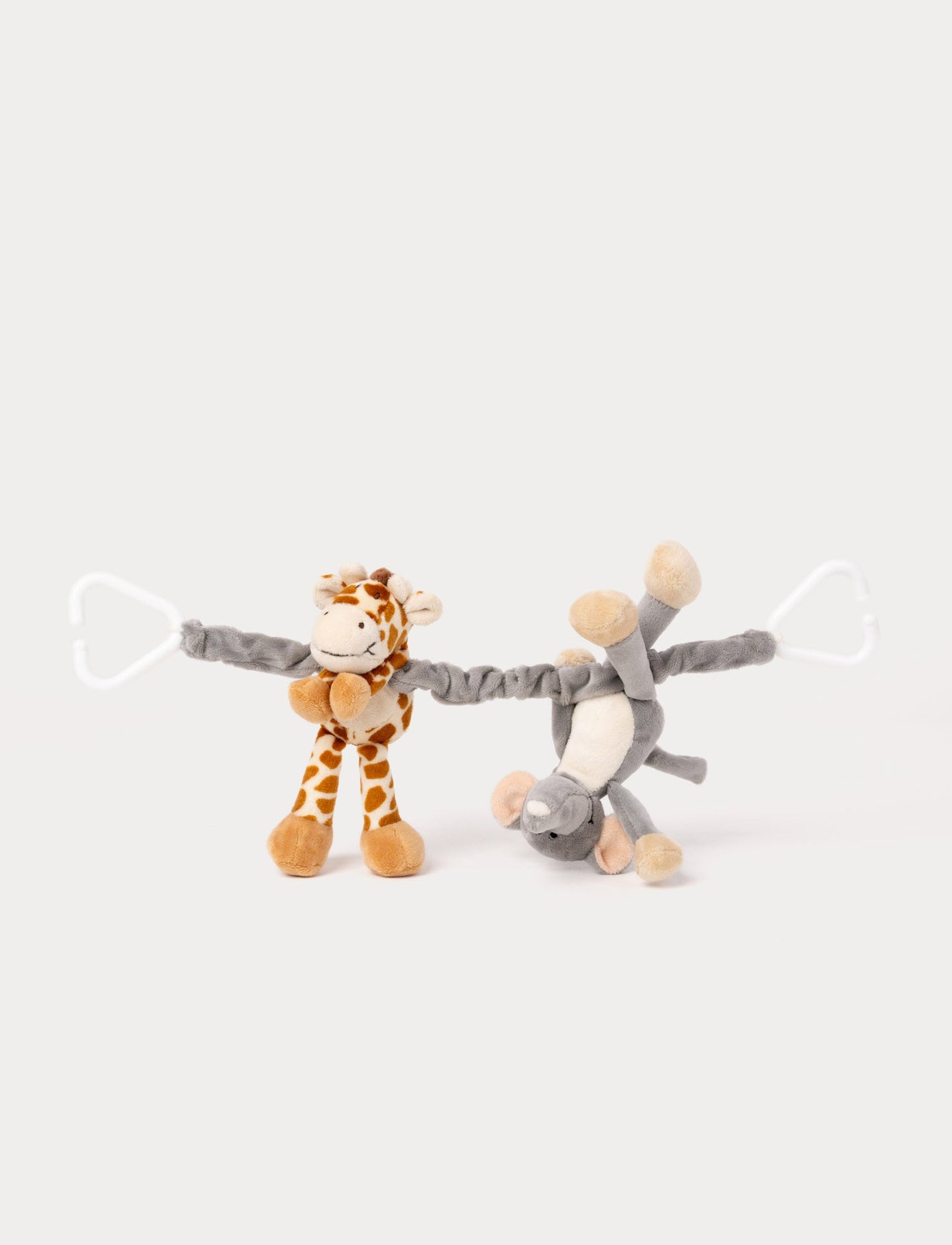 A soft stroller toy featuring a plush elephant and giraffe, white and brown details