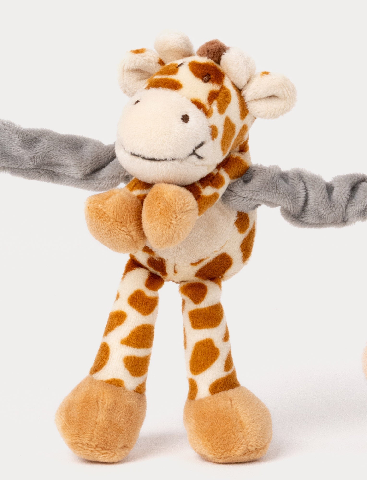 Image of A soft stroller toy featuring a plush elephant and giraffe, white and brown details