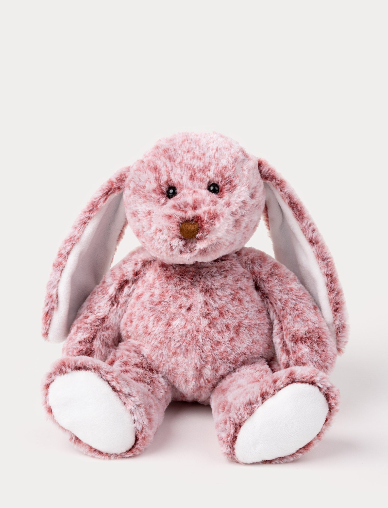  Image of Soft, pink speckled plush bunny with long floppy ears, black button eyes, a brown nose, and white paw pads.