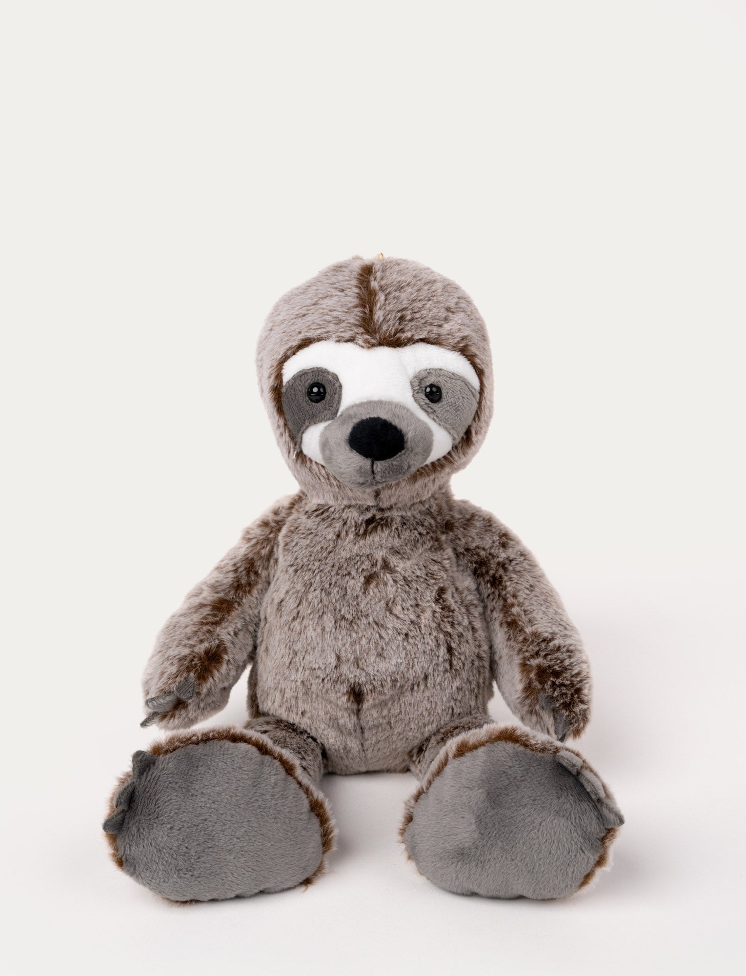 Image of Soft, plush sloth with brown fur, a white face with grey markings, black button eyes, and large padded feet.