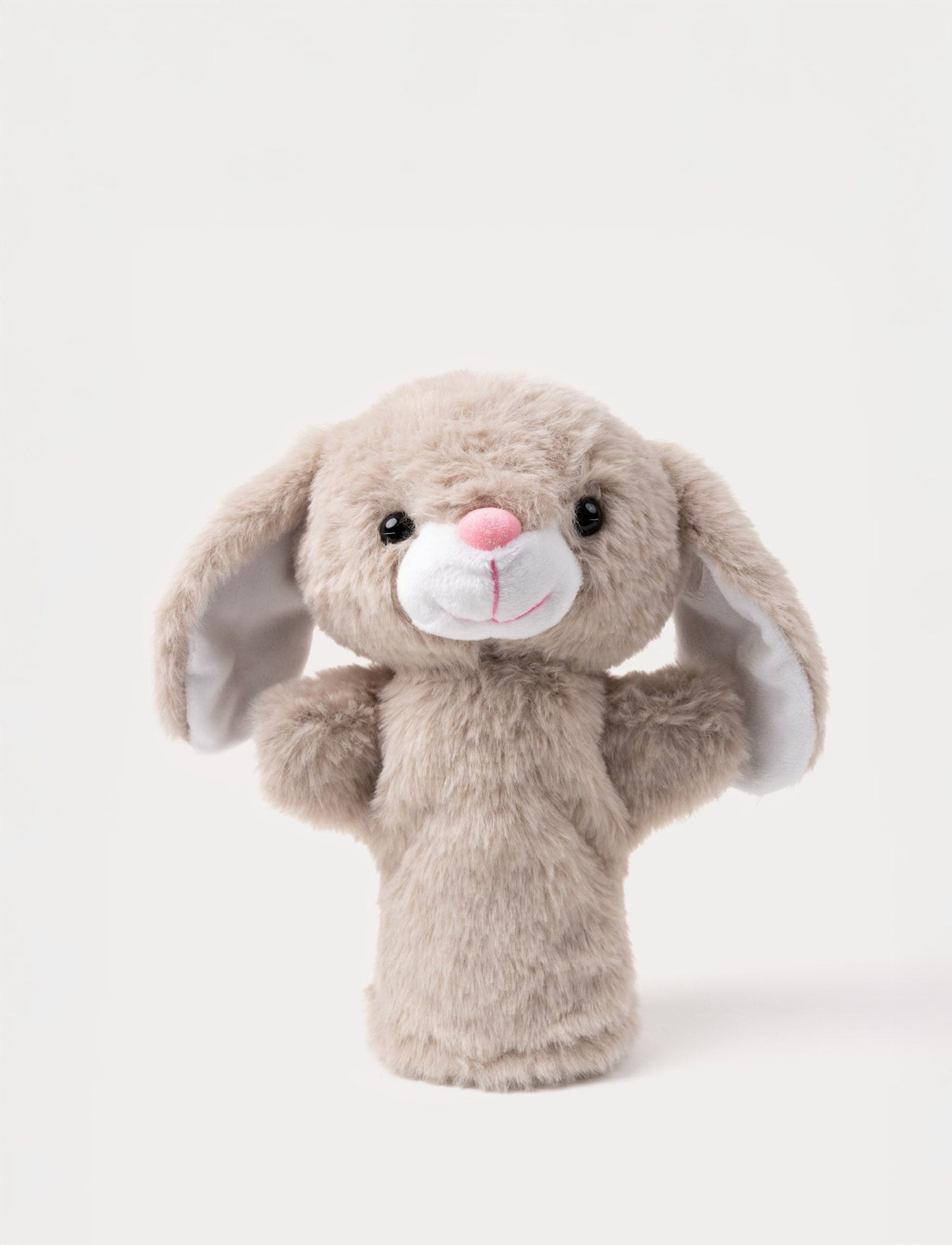 Soft beige bunny hand puppet with long floppy ears, a pink nose, and shiny black eyes.