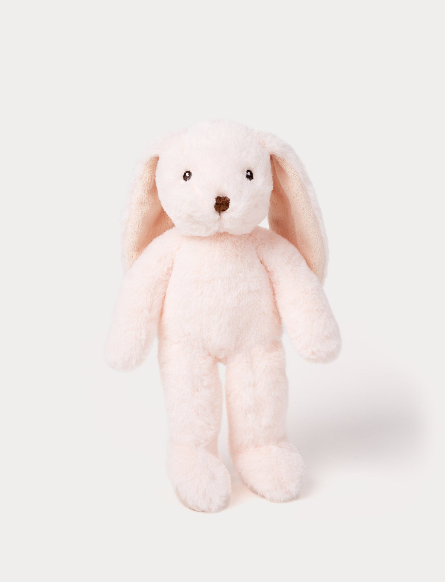  Image of Soft, plush bunny with light pink fur, long floppy ears, black button eyes, and a small stitched nose.