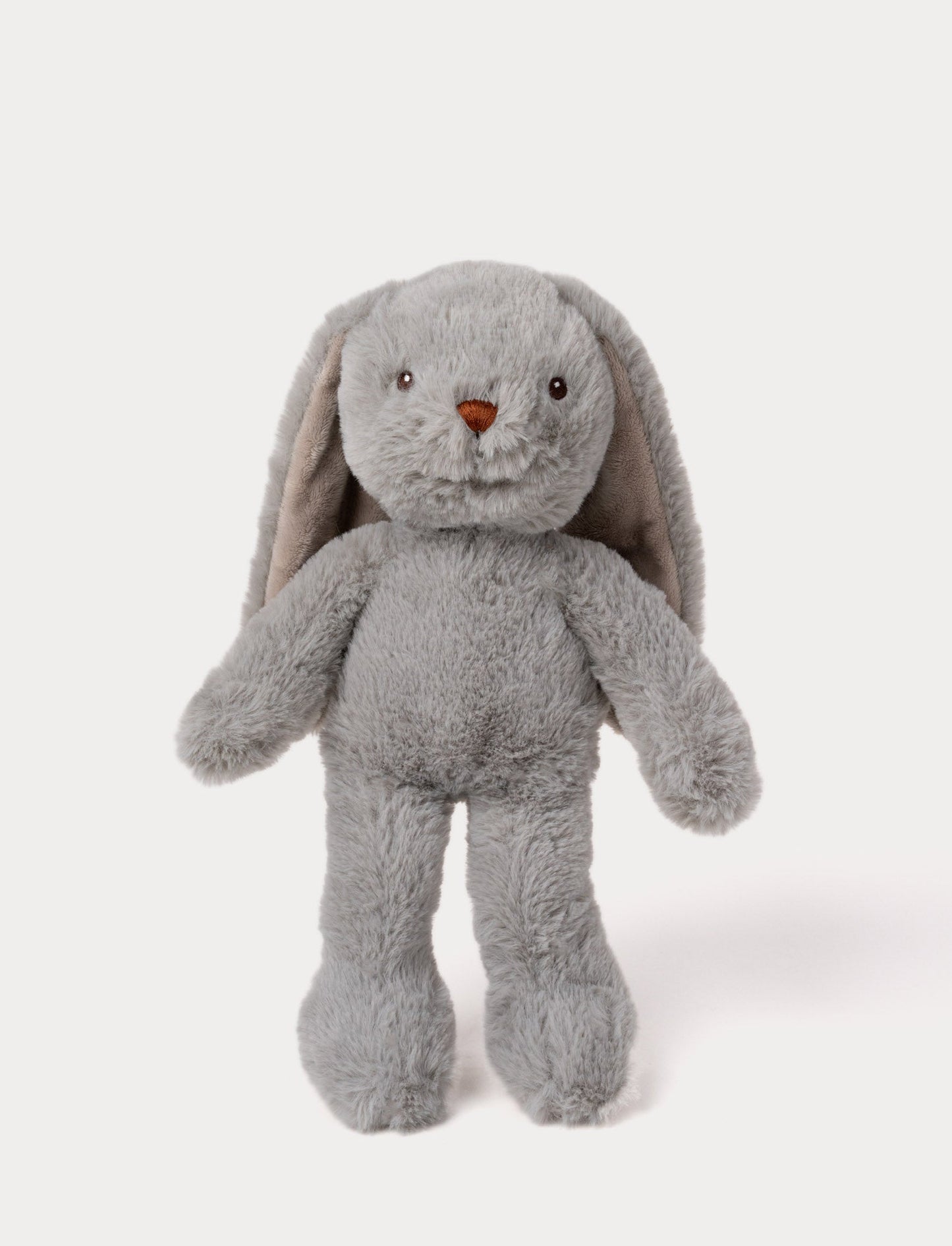 Soft, plush bunny with grey fur, long floppy ears, black button eyes, and a small stitched brown nose.