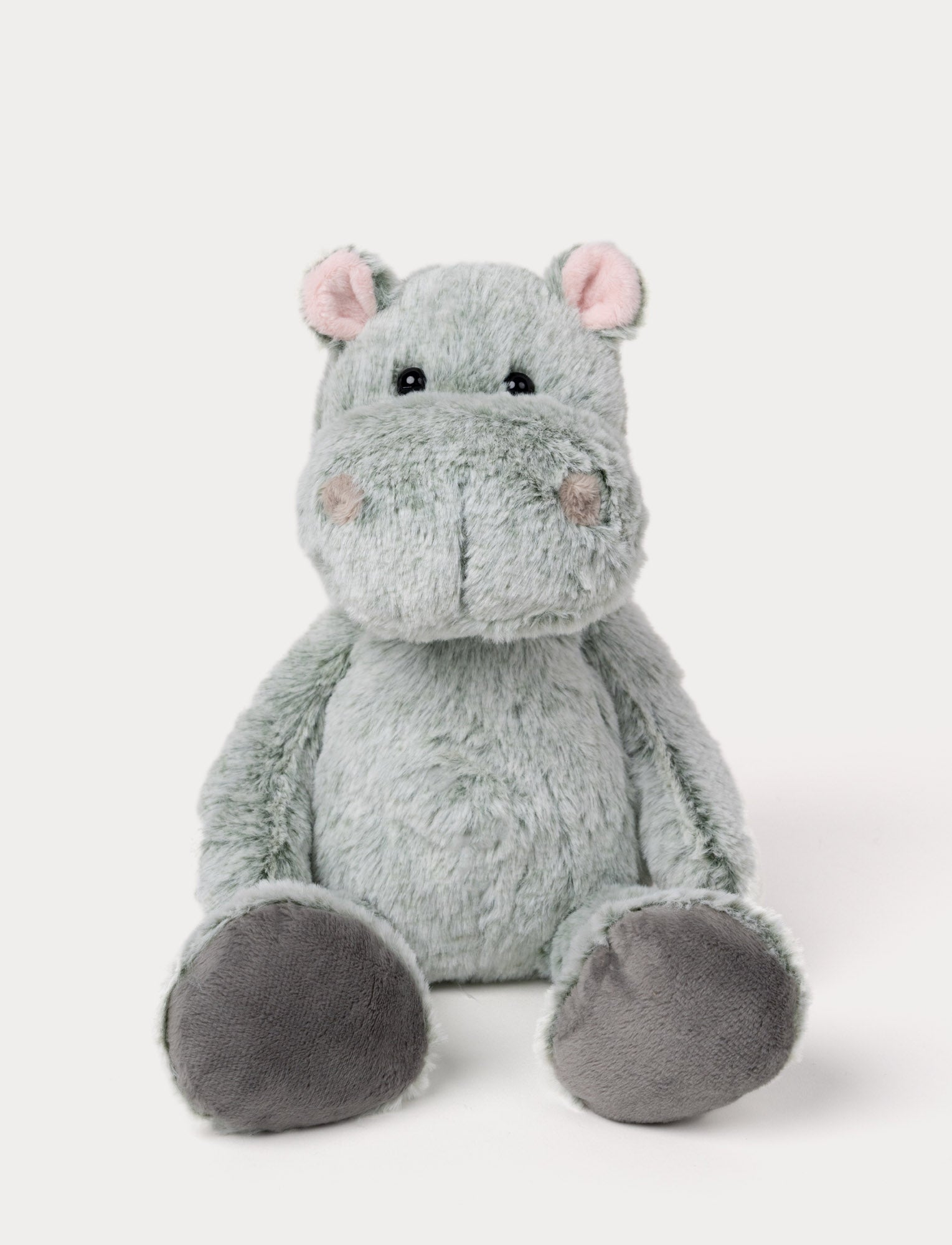  Image of oft, plush hippo with light grey/green fur, round black eyes, small pink ears, and dark grey paw pads.