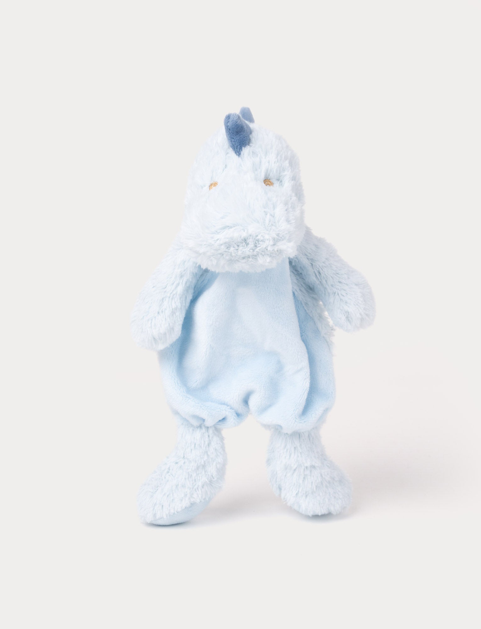  Image of Soft baby blanket with a plush light blue dino head, drak blue spikes, and a cozy fabric body.