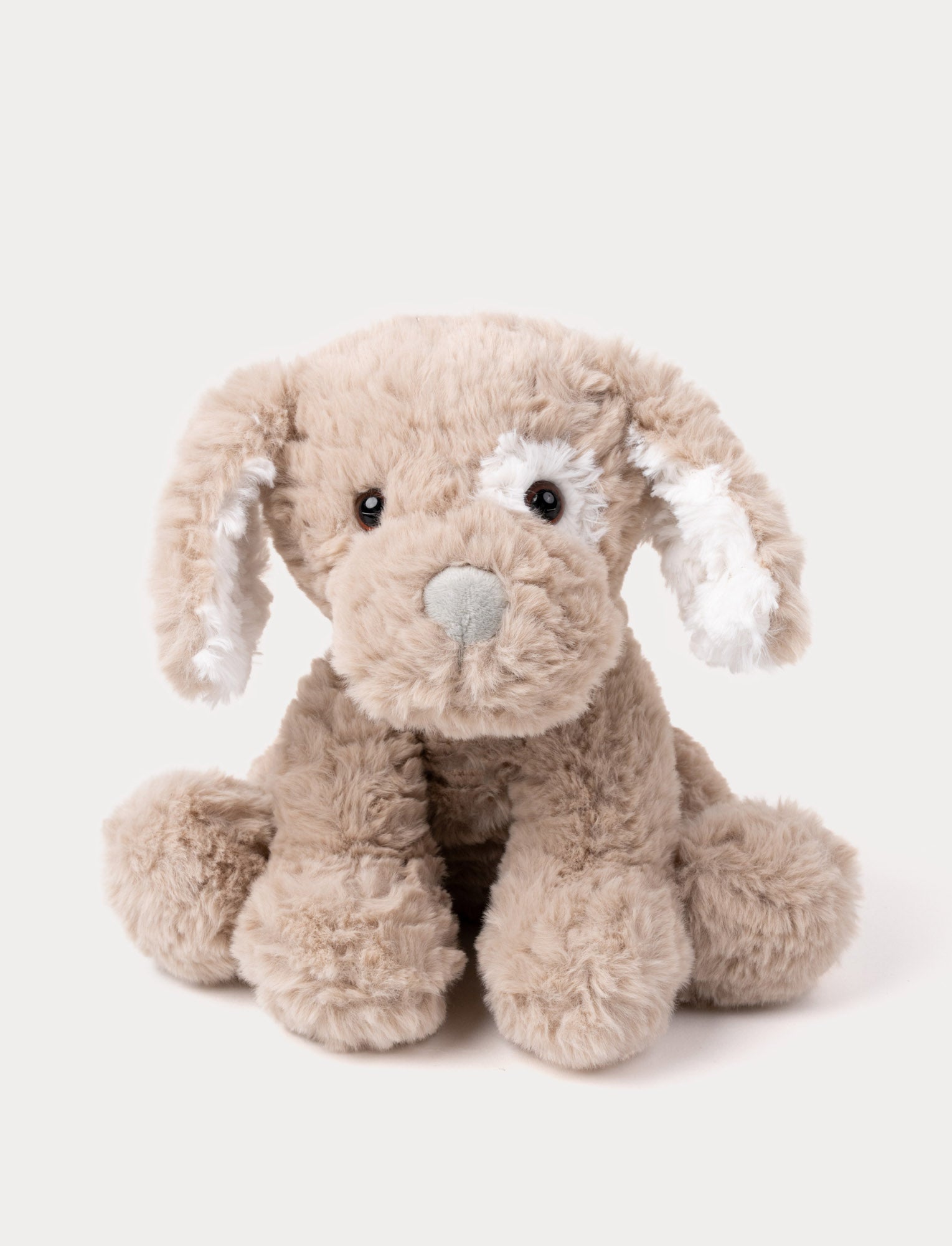  Image of Soft beige puppy plush with floppy ears, white accents, a grey nose, and shiny black eyes.
