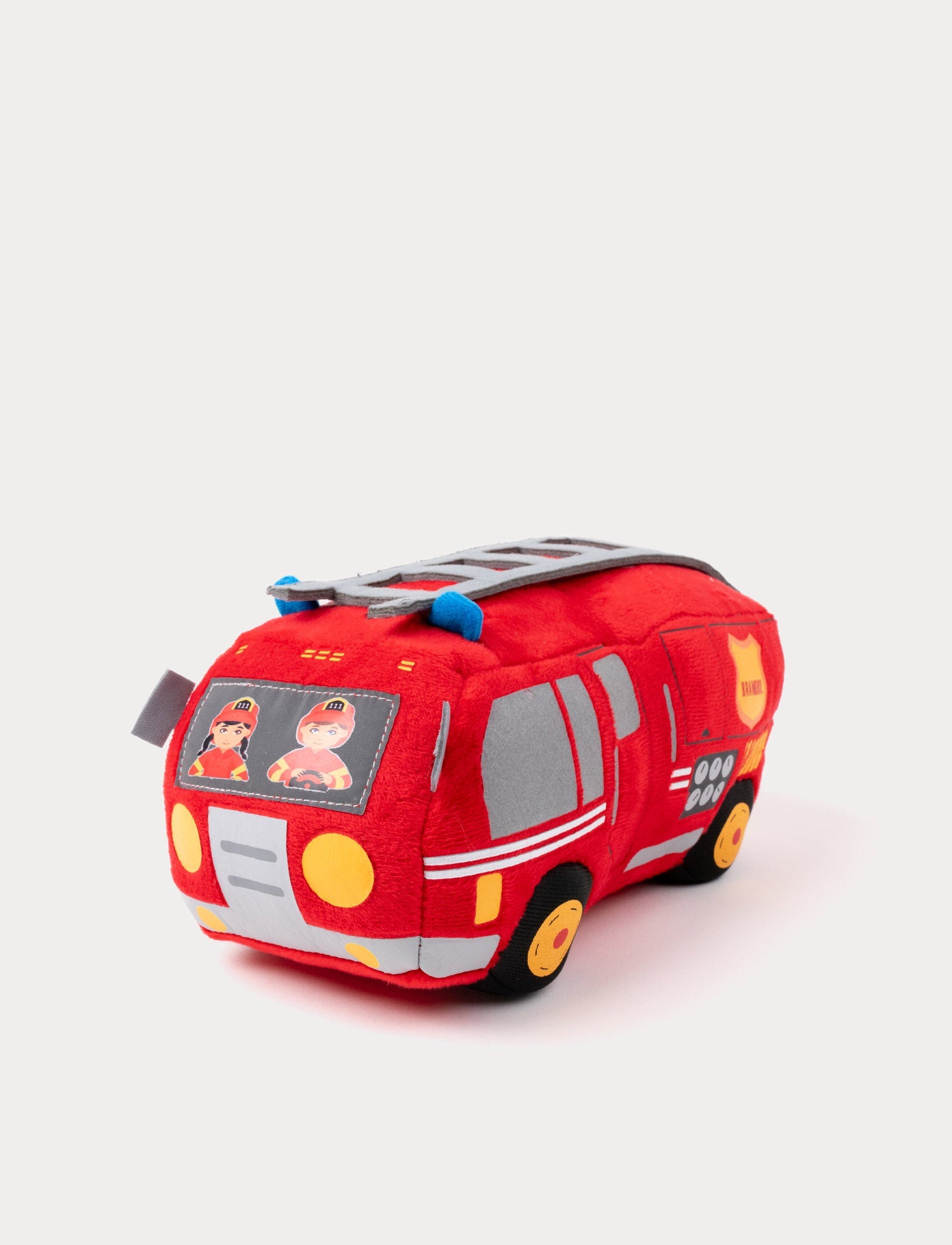  Image of Soft red fire truck plush with a grey detachable ladder, blue sirens, and illustrated firefighters in the windows.