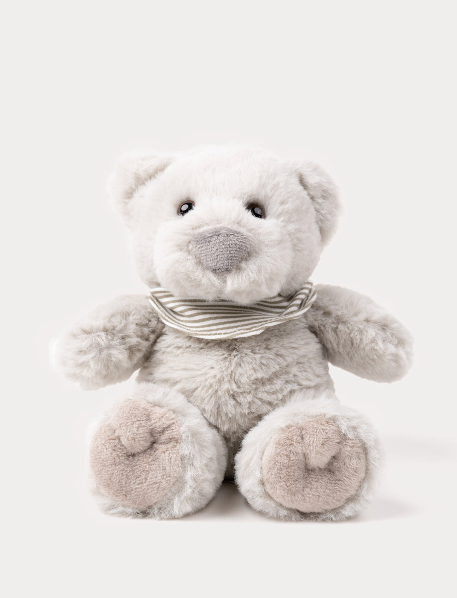  Image of A soft grey teddy bear with an adorable scarf made of organic cotton.