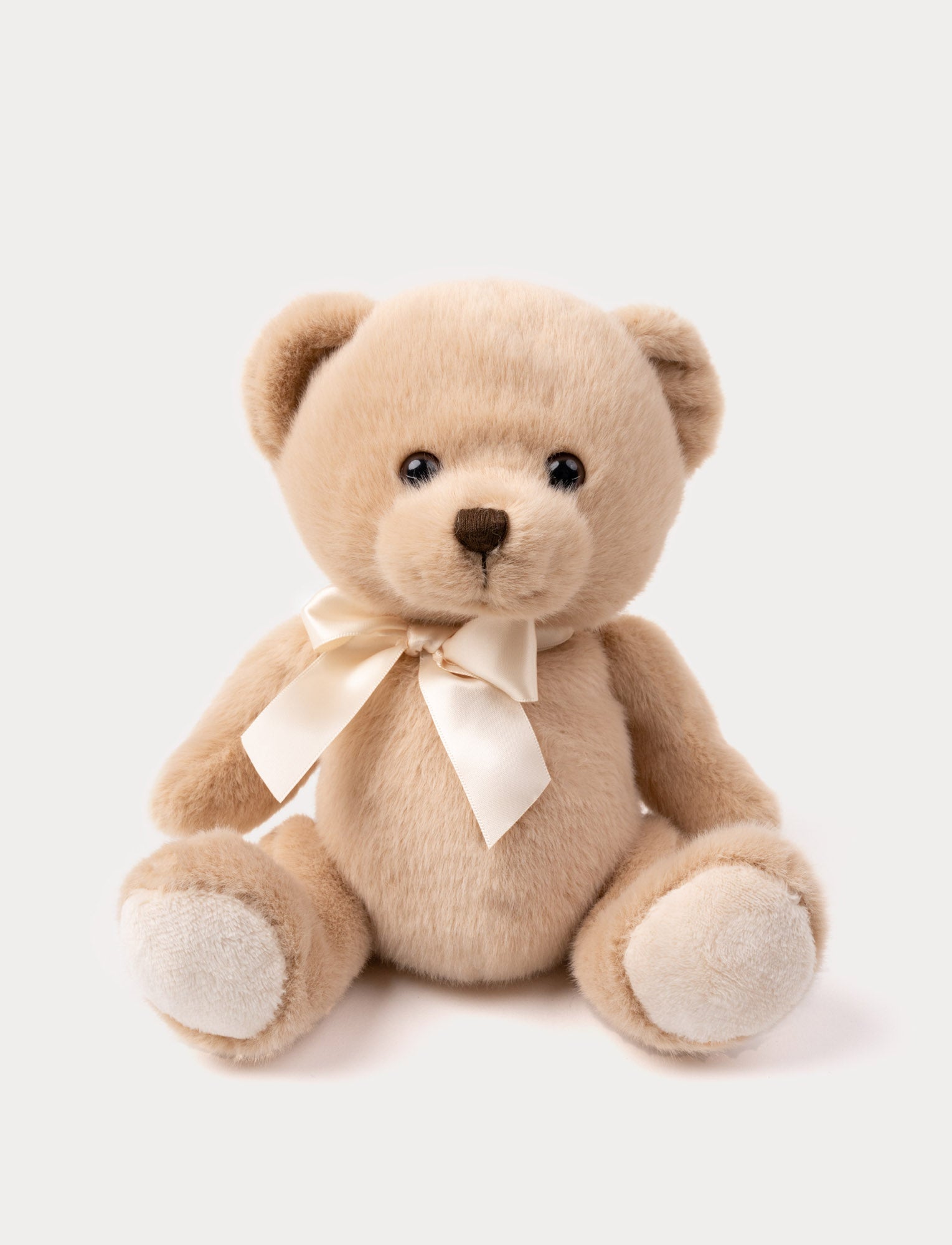  Image of A small teddy bear with soft fur, a satin bow, and light beige paws.